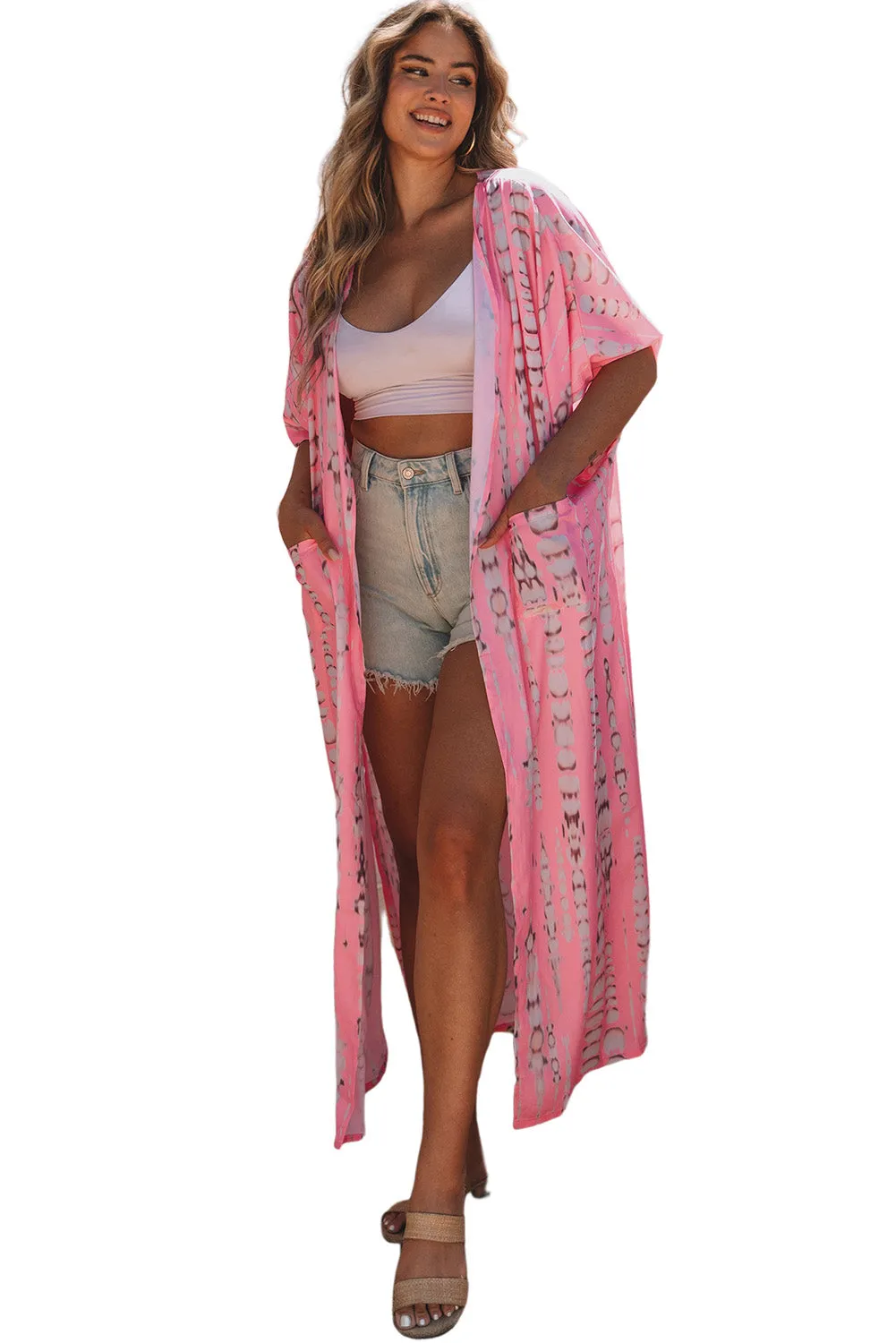 Pink Bohemian Tie Dye Oversize Long Kimono