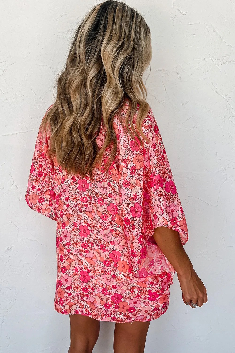 Pink Boho Floral V Neck Kimono Style Blouse