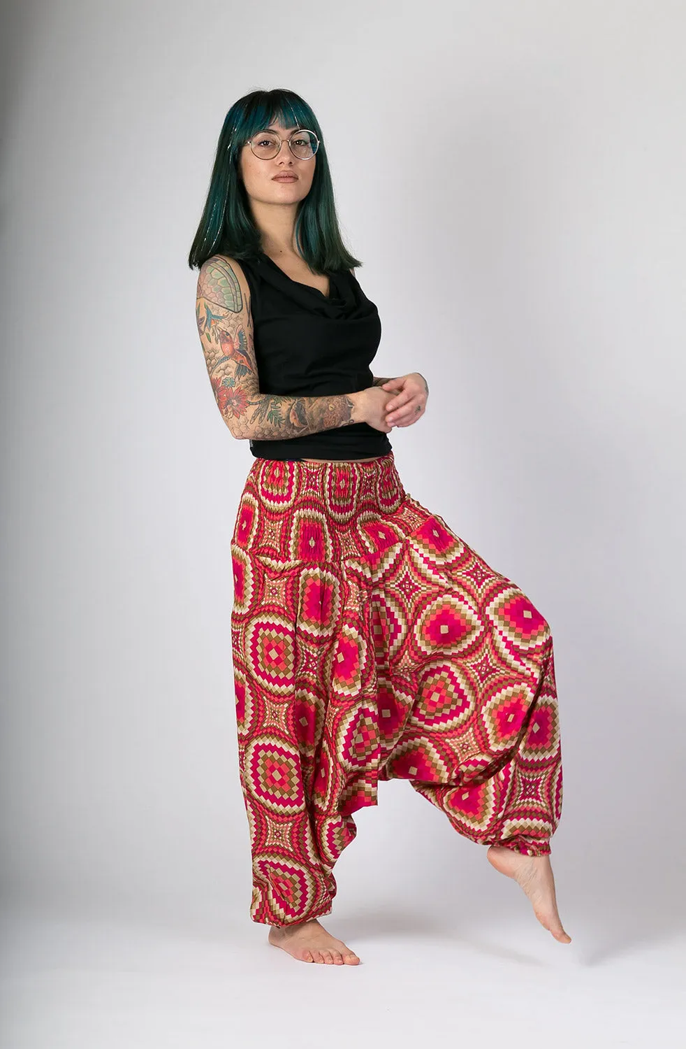 Pink Print Cotton Harem Yoga Jumpsuit Pants