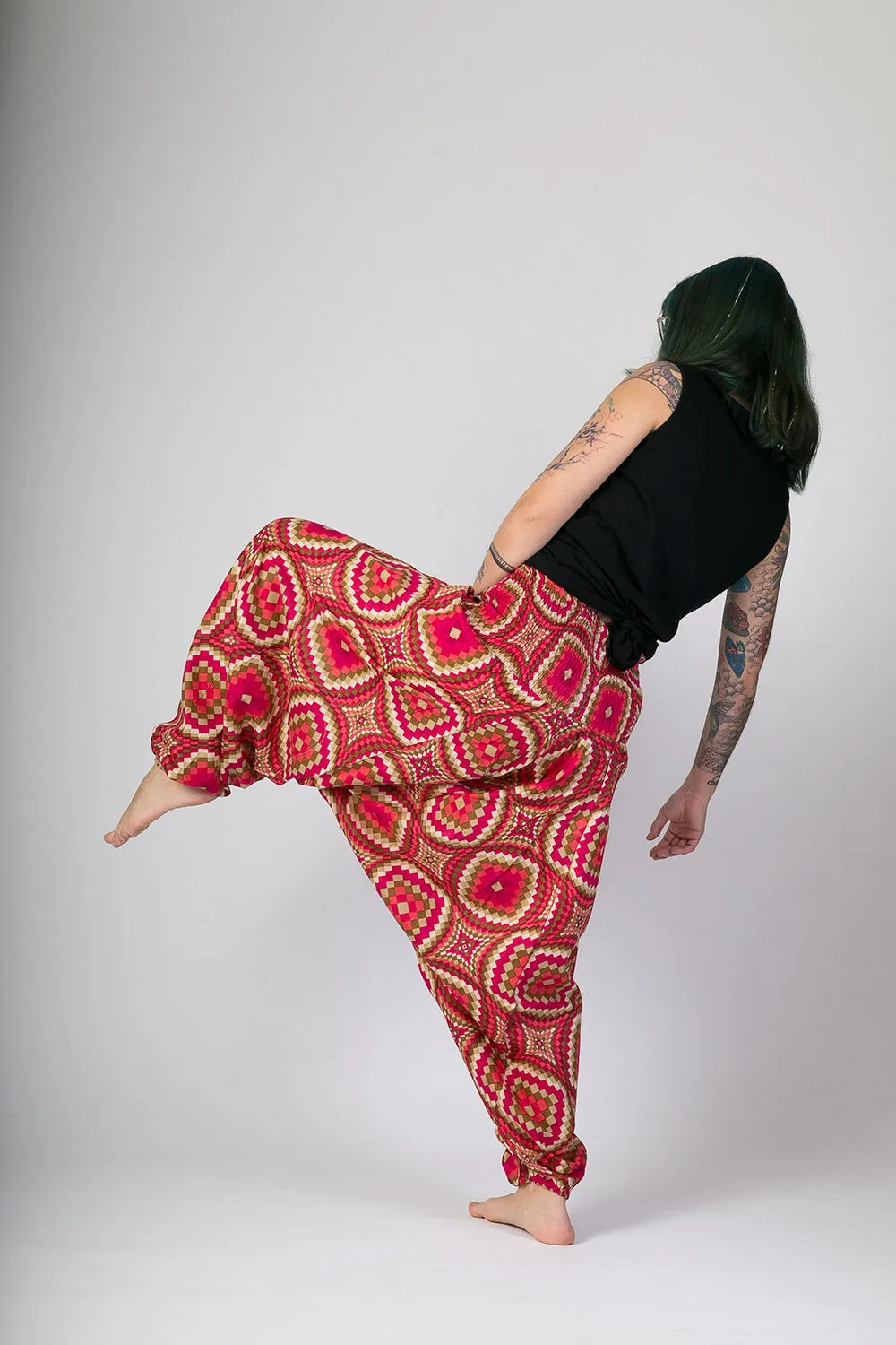 Pink Print Cotton Harem Yoga Jumpsuit Pants