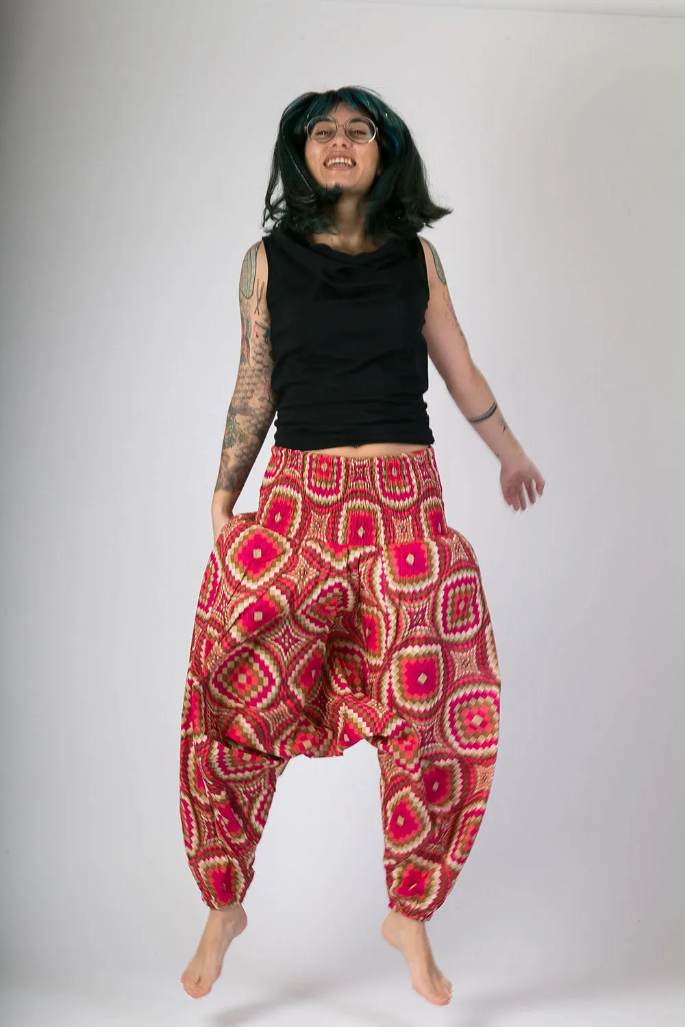 Pink Print Cotton Harem Yoga Jumpsuit Pants