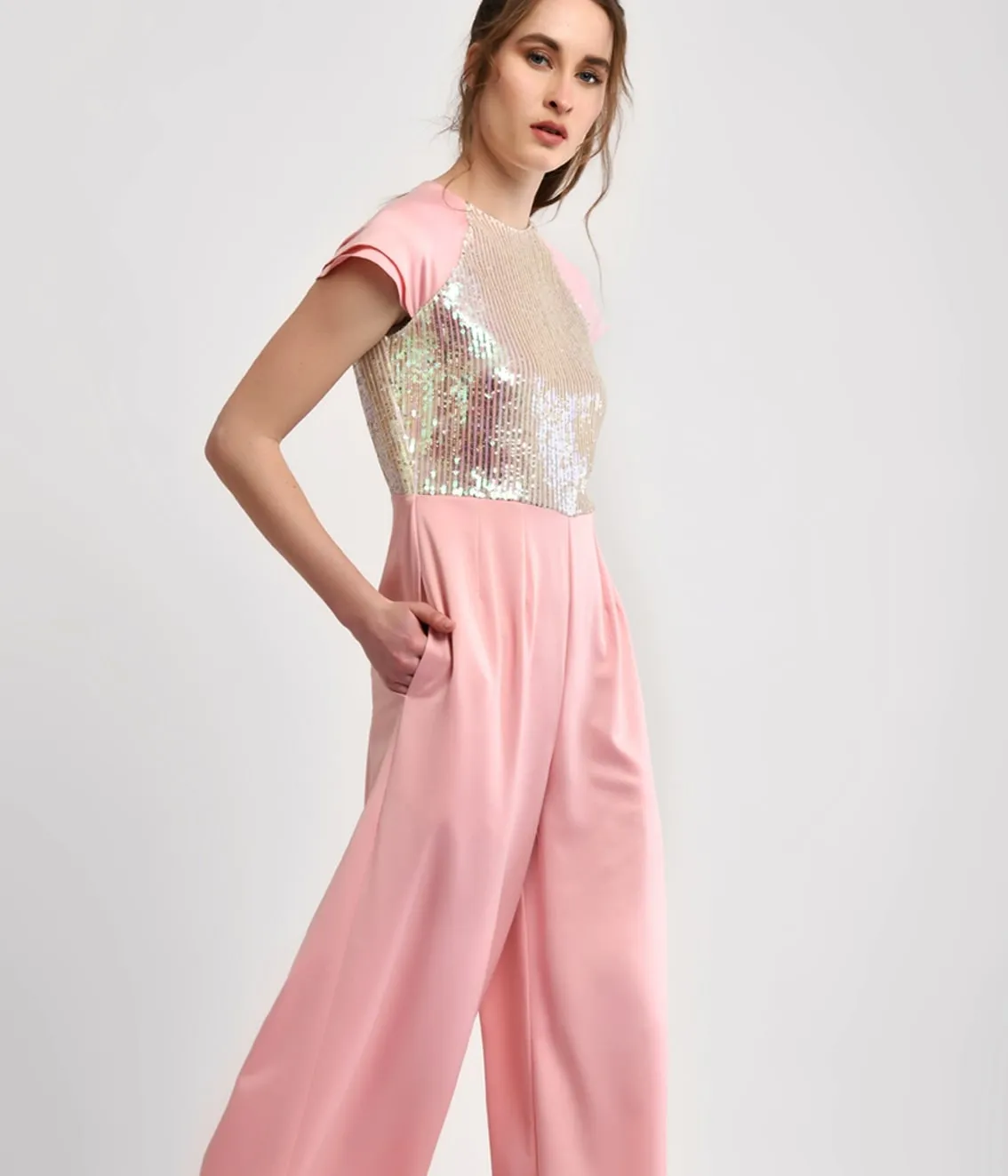 Pink Shimmery Jumpsuit With Petal Sleeve