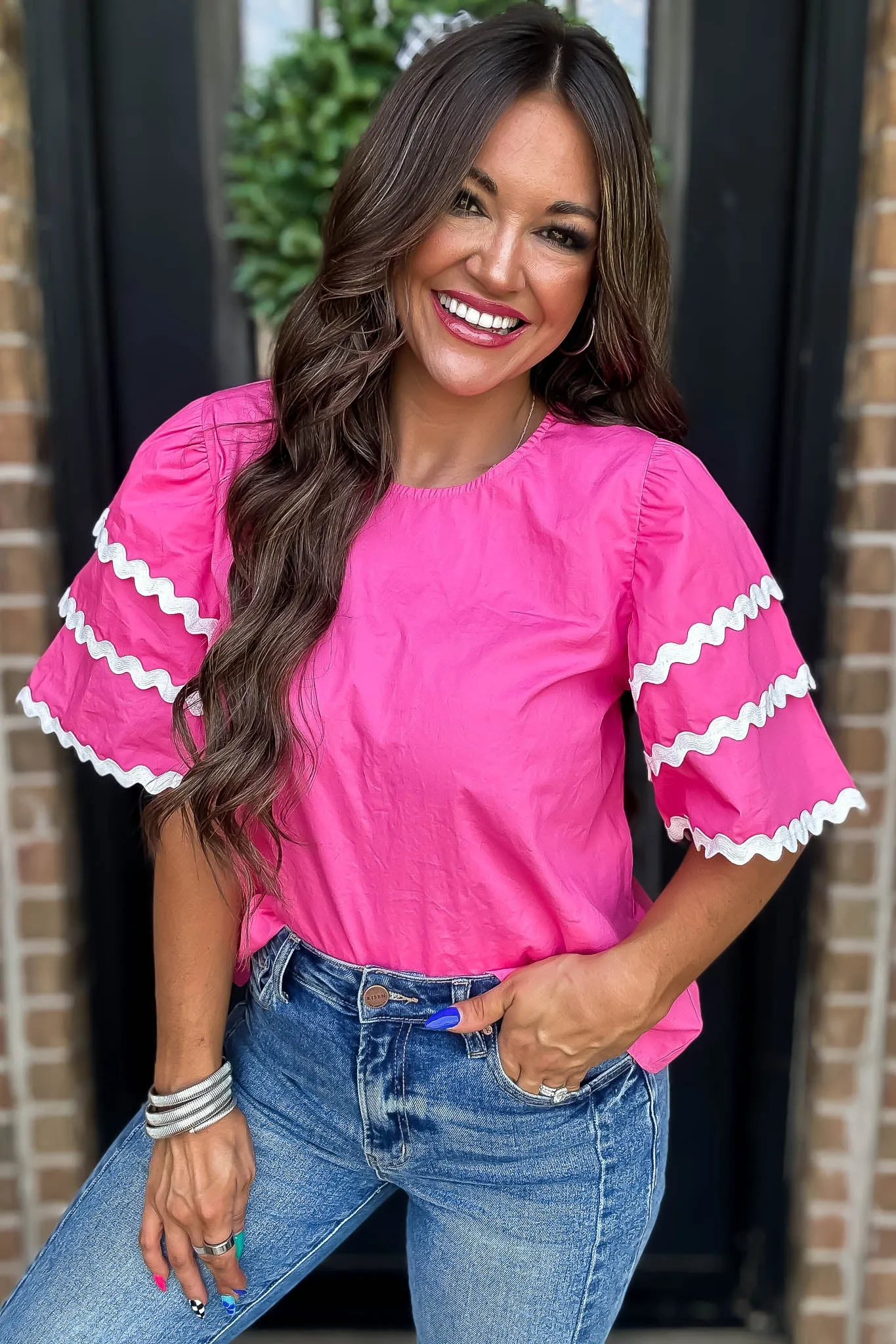 Pink Solid Puffed Layer Sleeves Top