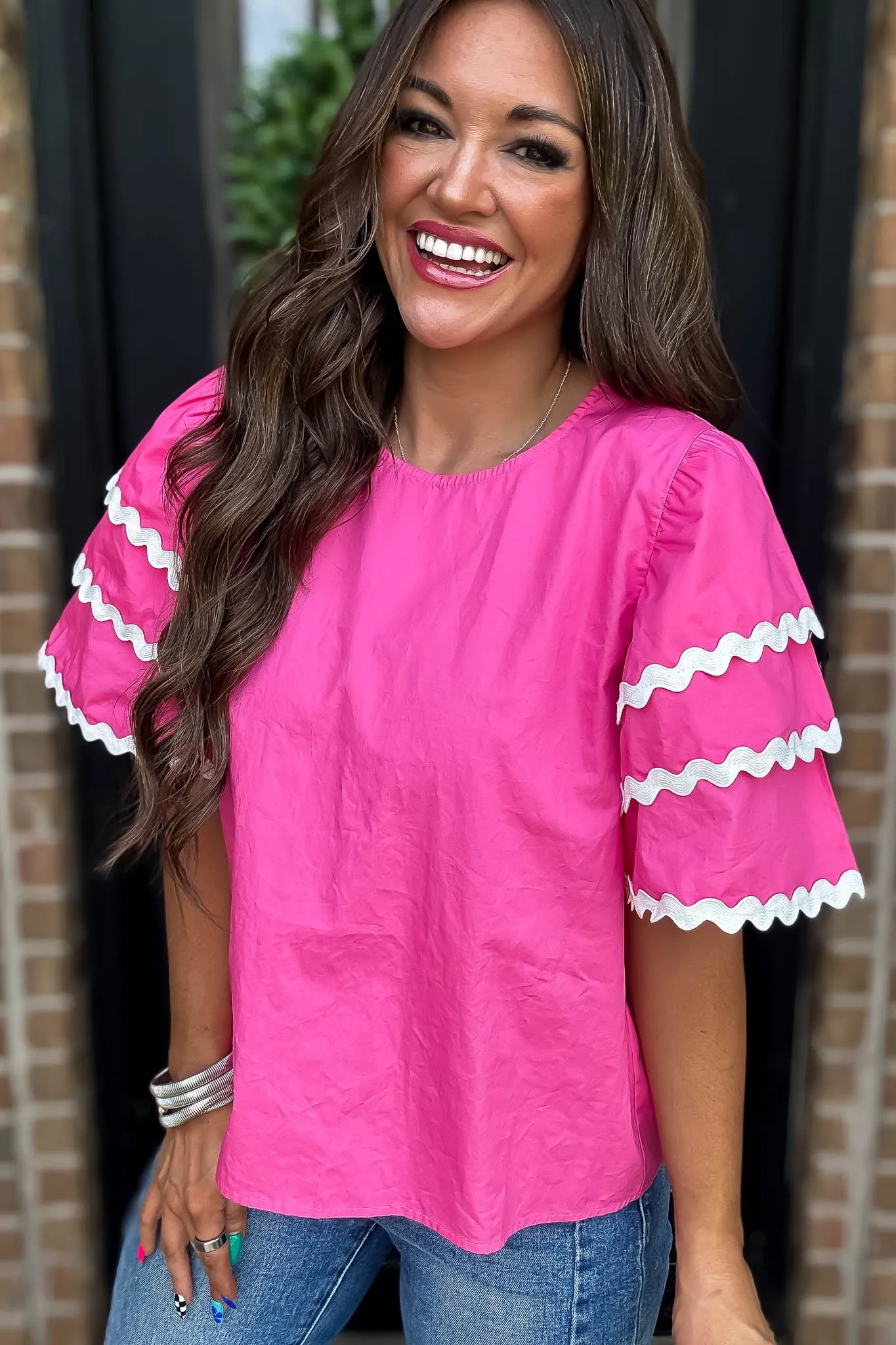 Pink Solid Puffed Layer Sleeves Top