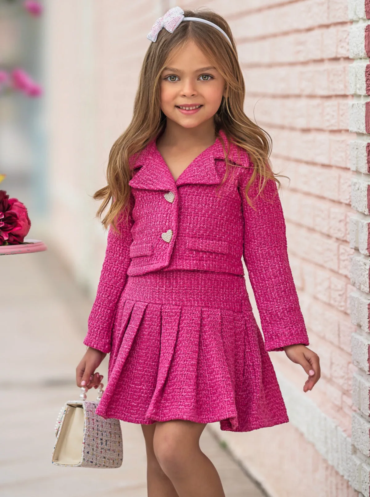 Power Posing Pink Blazer and Pleated Skirt Set