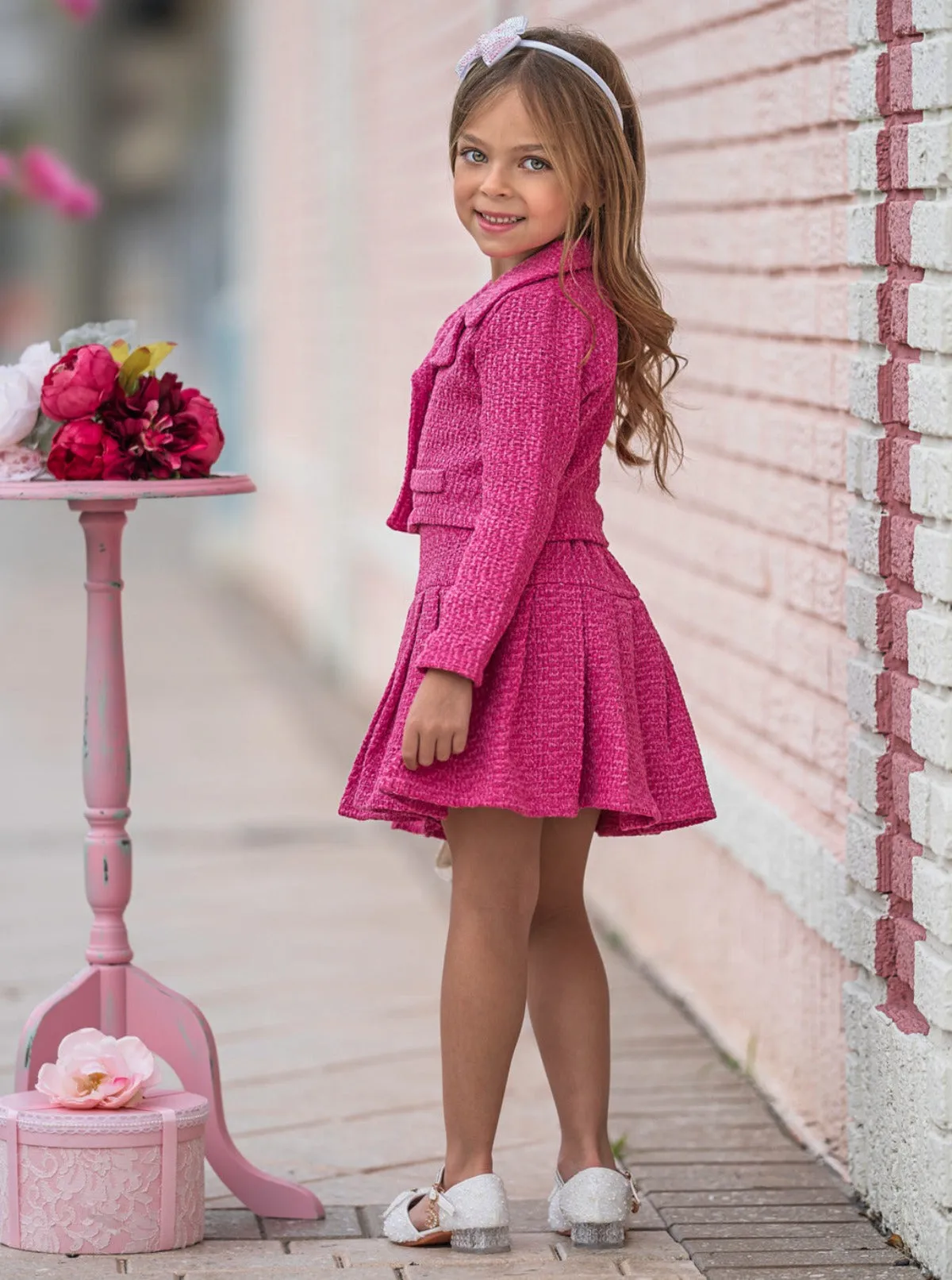 Power Posing Pink Blazer and Pleated Skirt Set