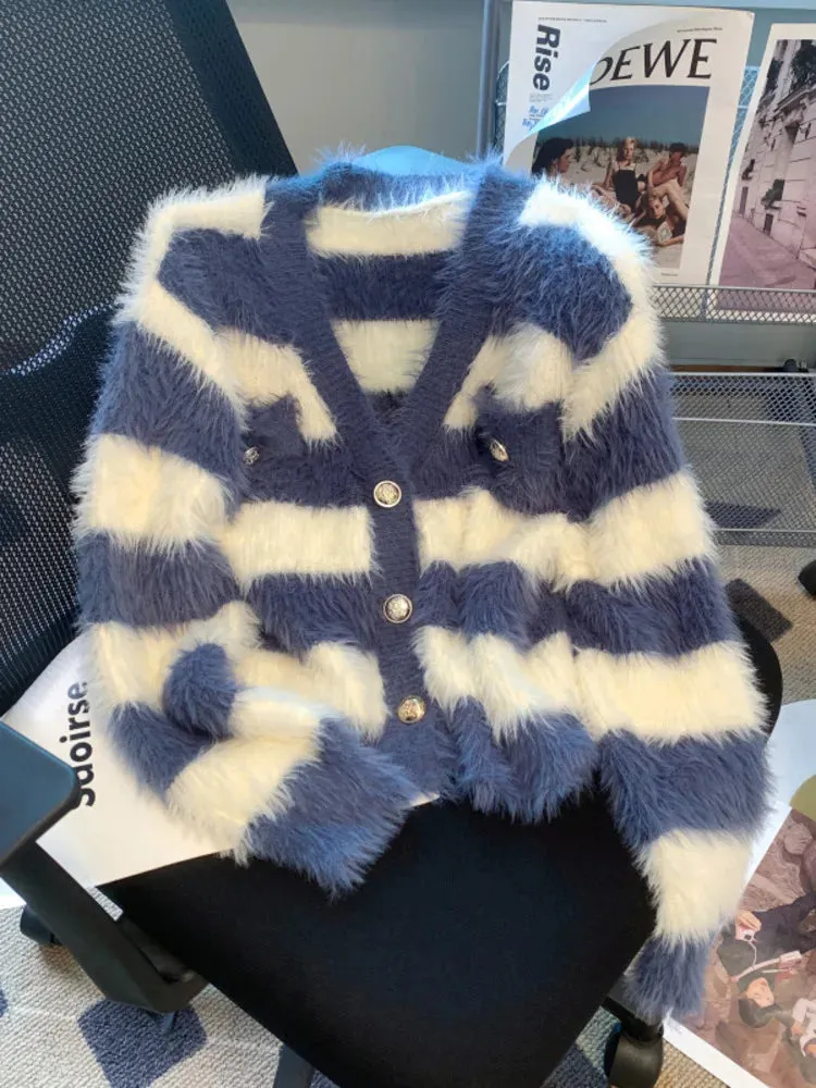 Pre Order:  Knitted Faux-Fur Stripe Cardigan Sweater