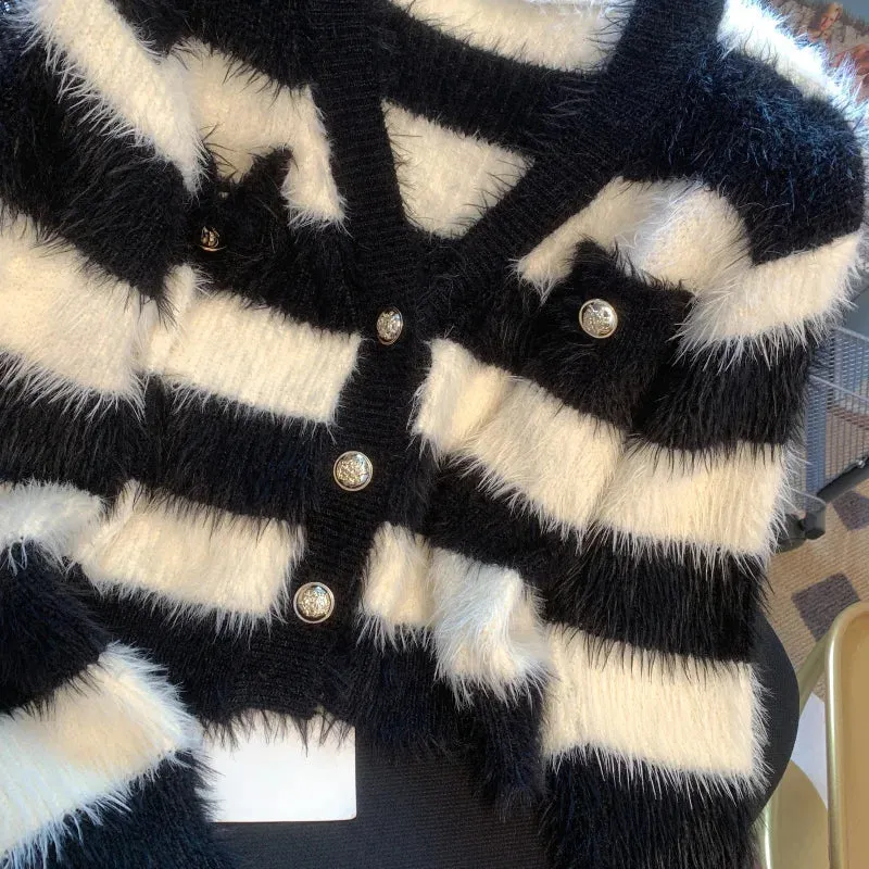 Pre Order:  Knitted Faux-Fur Stripe Cardigan Sweater