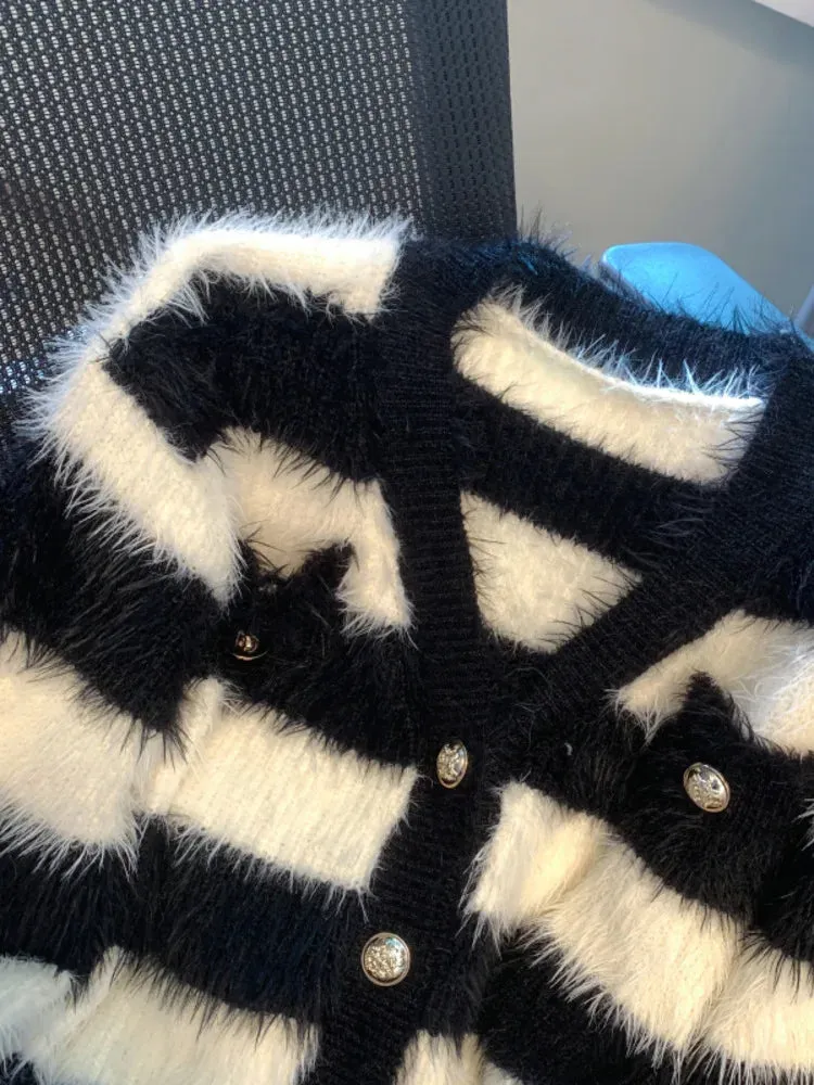 Pre Order:  Knitted Faux-Fur Stripe Cardigan Sweater