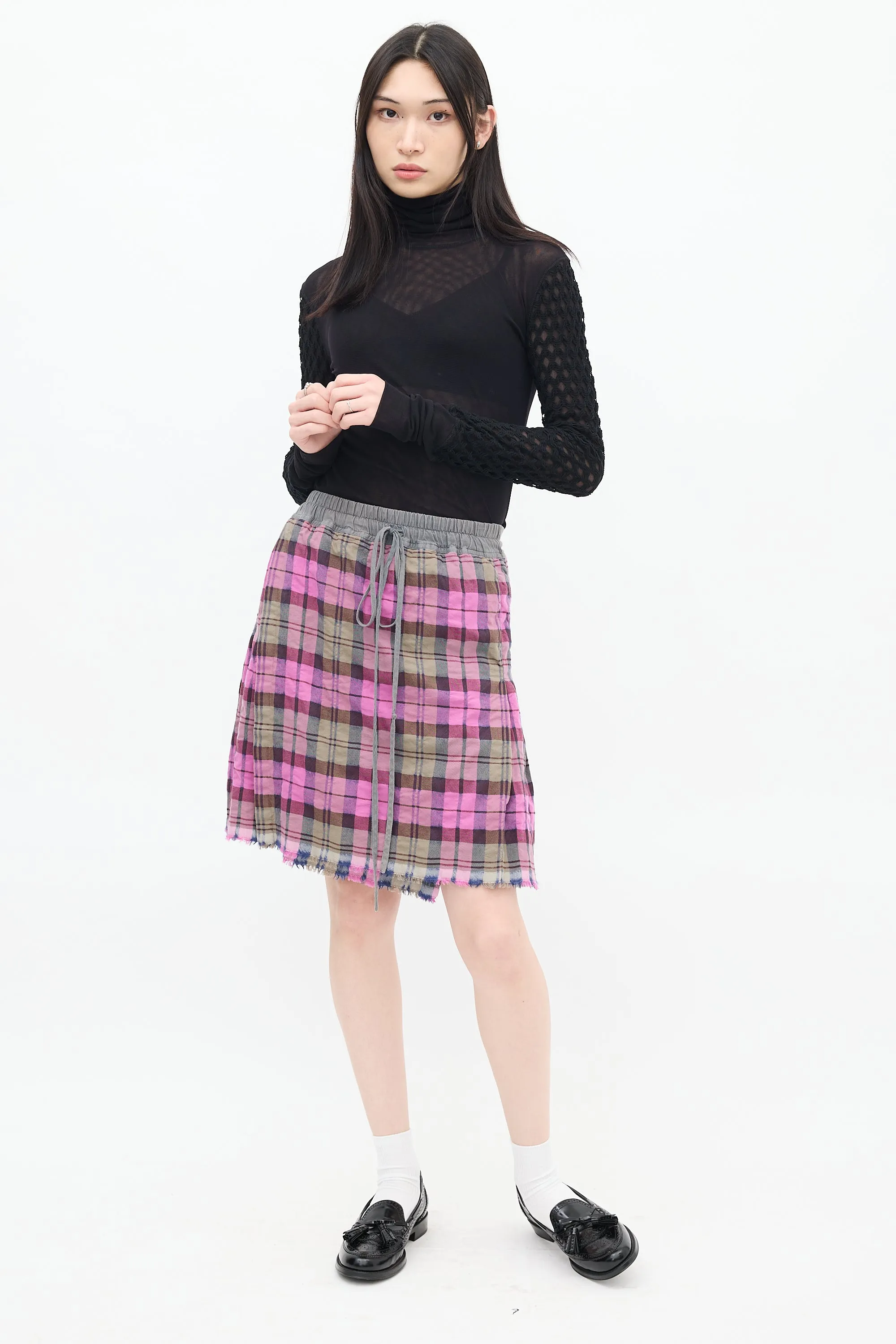 Purple & Grey Plaid Pleated Midi Skirt