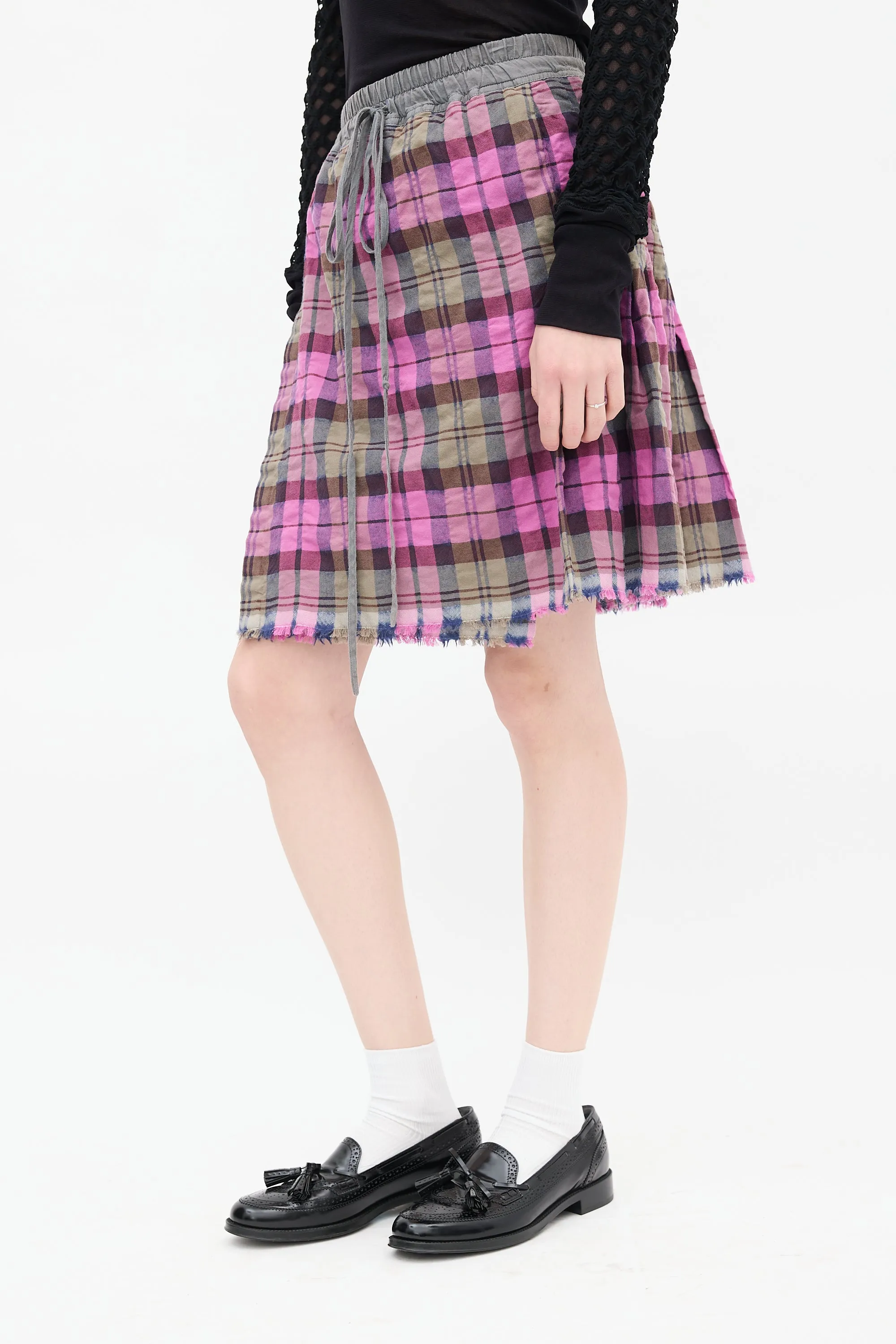 Purple & Grey Plaid Pleated Midi Skirt