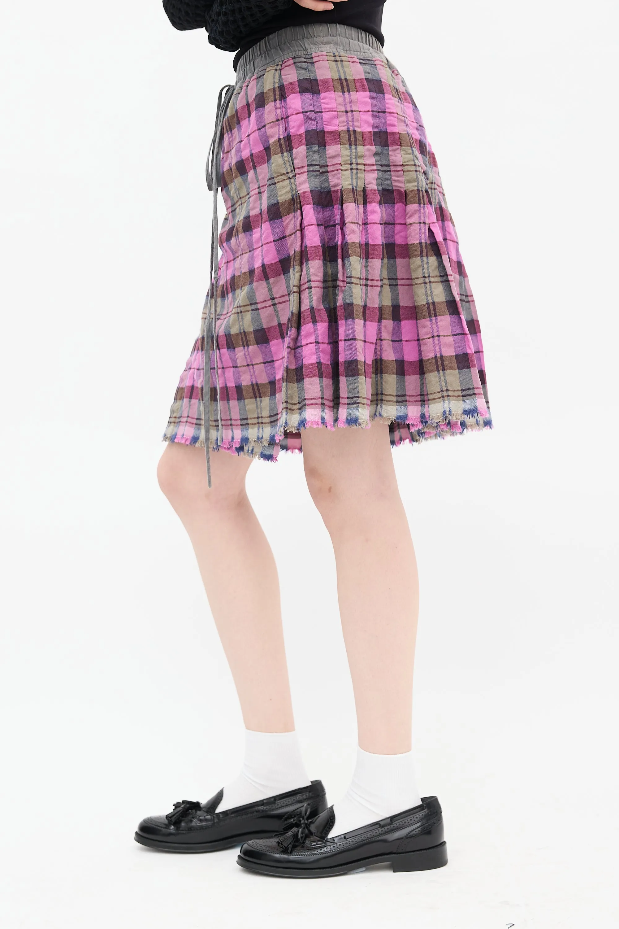 Purple & Grey Plaid Pleated Midi Skirt