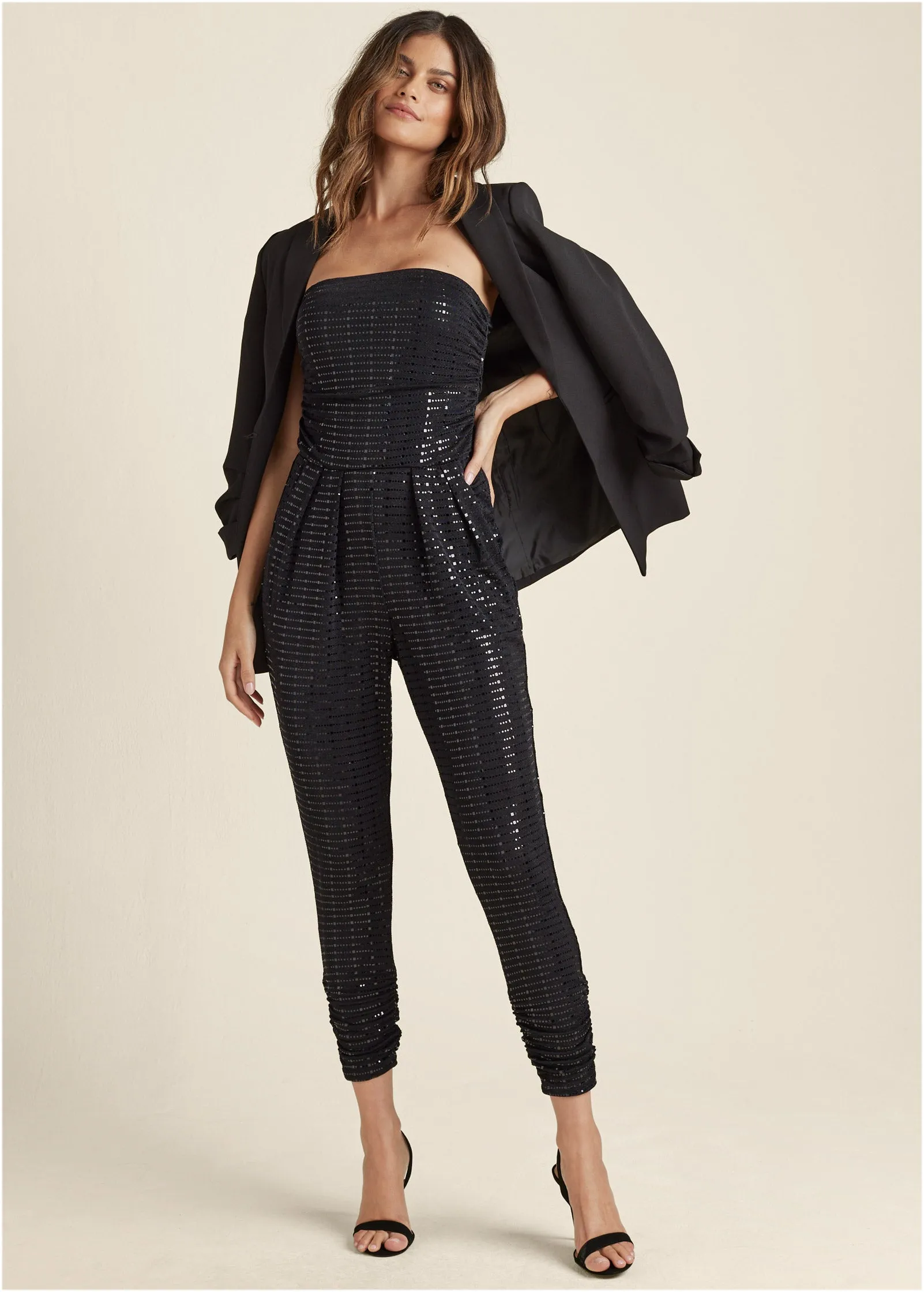 Ruched Sequin Jumpsuit - Black