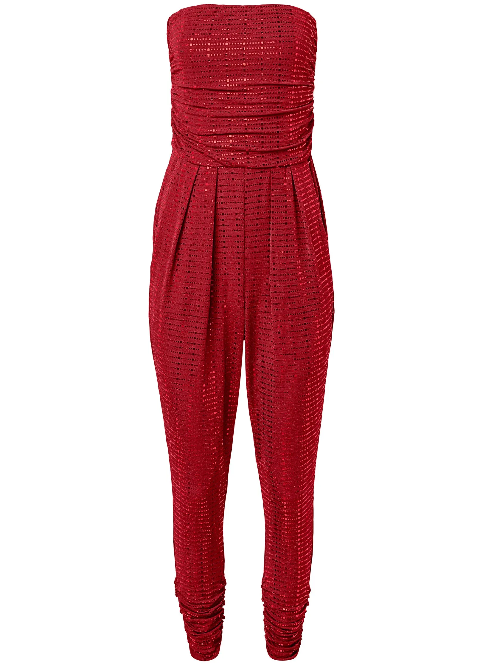 Ruched Sequin Jumpsuit - Red