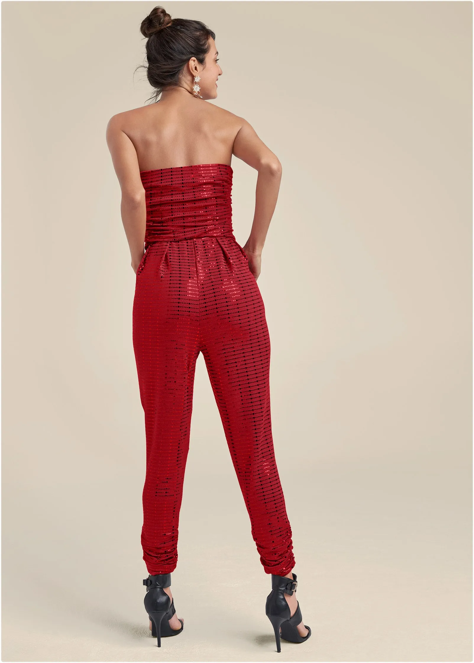 Ruched Sequin Jumpsuit - Red