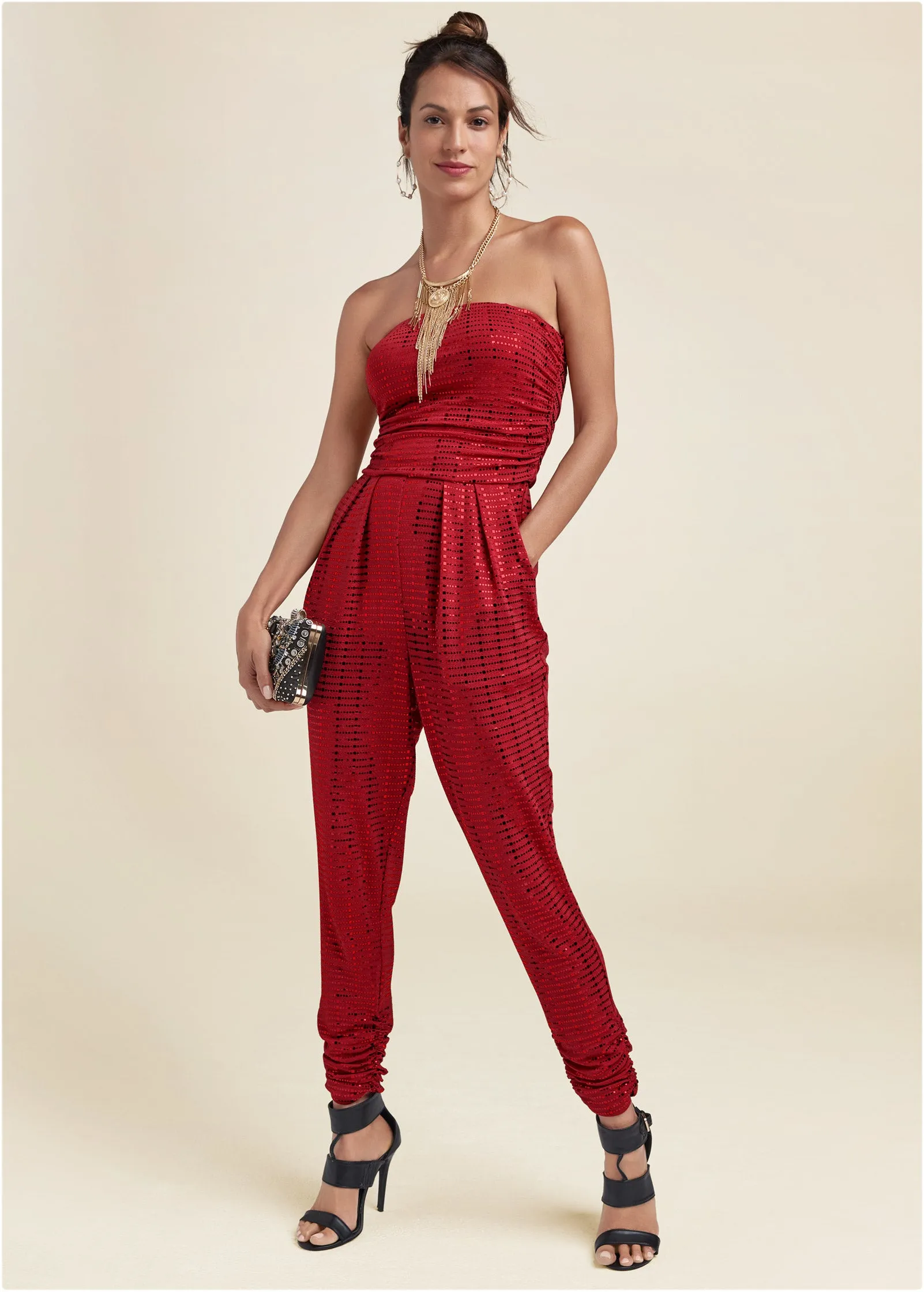 Ruched Sequin Jumpsuit - Red