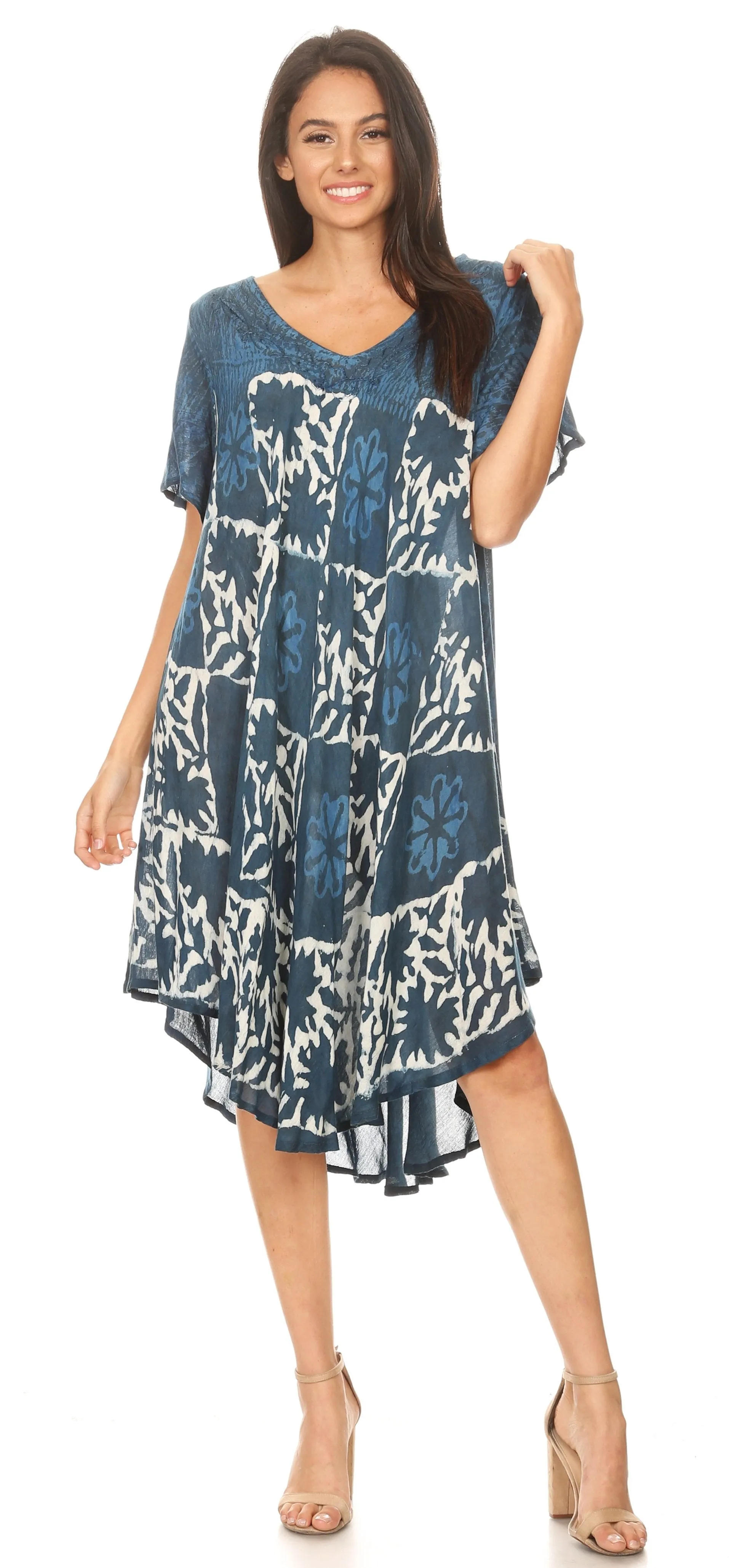 Sakkas Dalila Women's Midi A-line Short Sleeve Boho Swing Dress Cover-up Nightgown