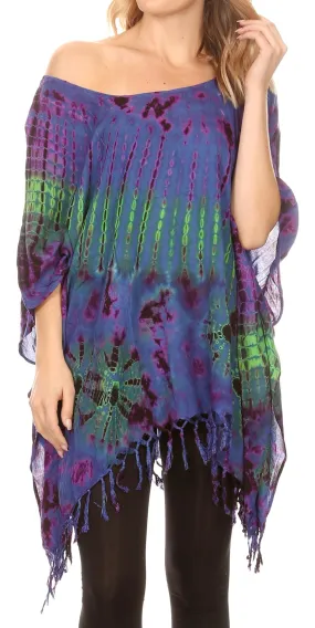 Sakkas Geno Round Neck Casual Boho Short Sleeve Loose Blouse Top Cover-up w/Fringe