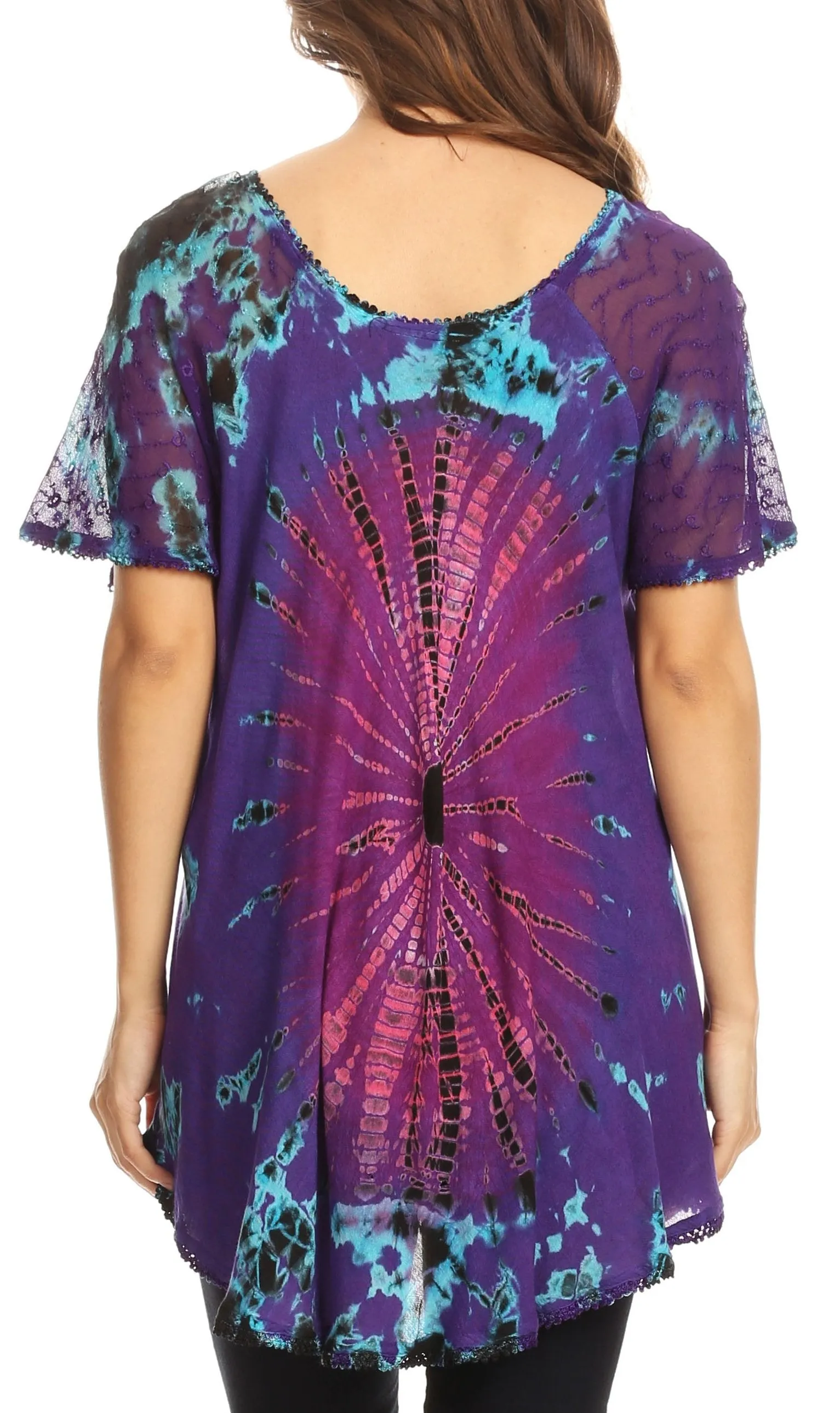 Sakkas Mayar Womens Tie-dye Short Sleeve Everyday Top Blouse with Lace & Corset