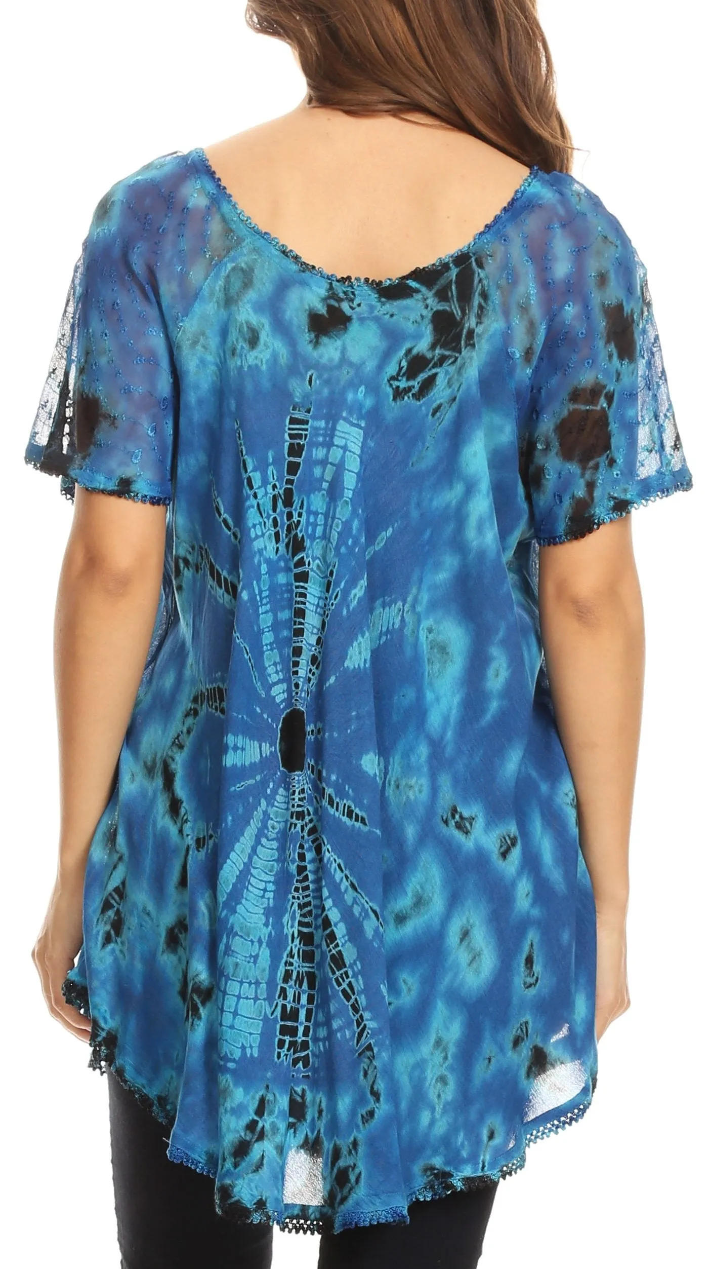 Sakkas Mayar Womens Tie-dye Short Sleeve Everyday Top Blouse with Lace & Corset