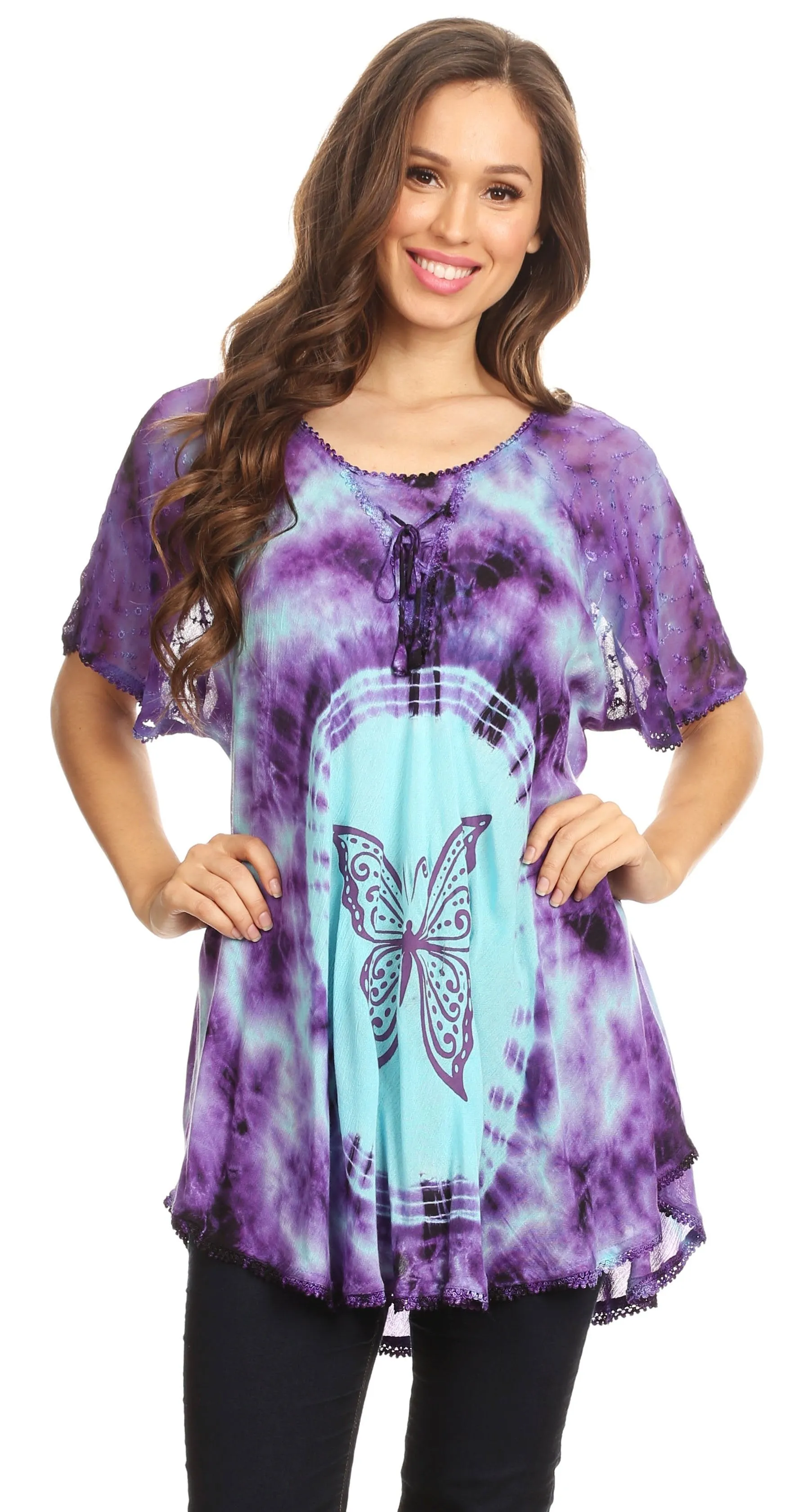 Sakkas Mayar Womens Tie-dye Short Sleeve Everyday Top Blouse with Lace & Corset