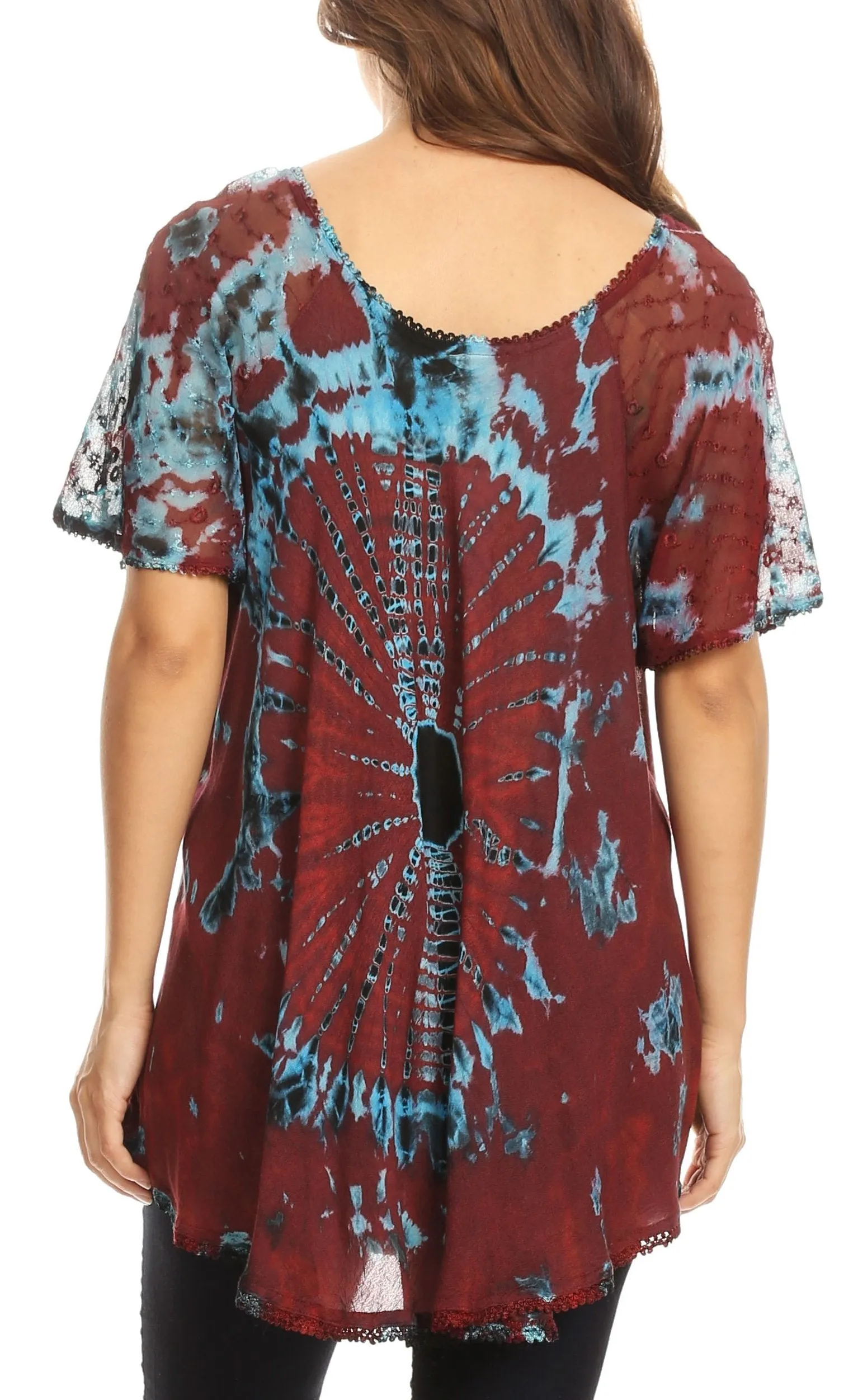 Sakkas Mayar Womens Tie-dye Short Sleeve Everyday Top Blouse with Lace & Corset