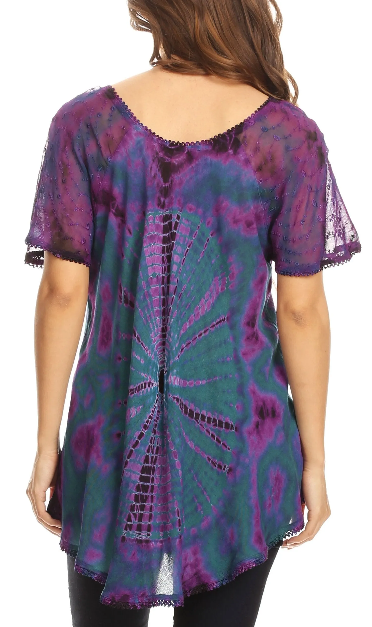 Sakkas Mayar Womens Tie-dye Short Sleeve Everyday Top Blouse with Lace & Corset