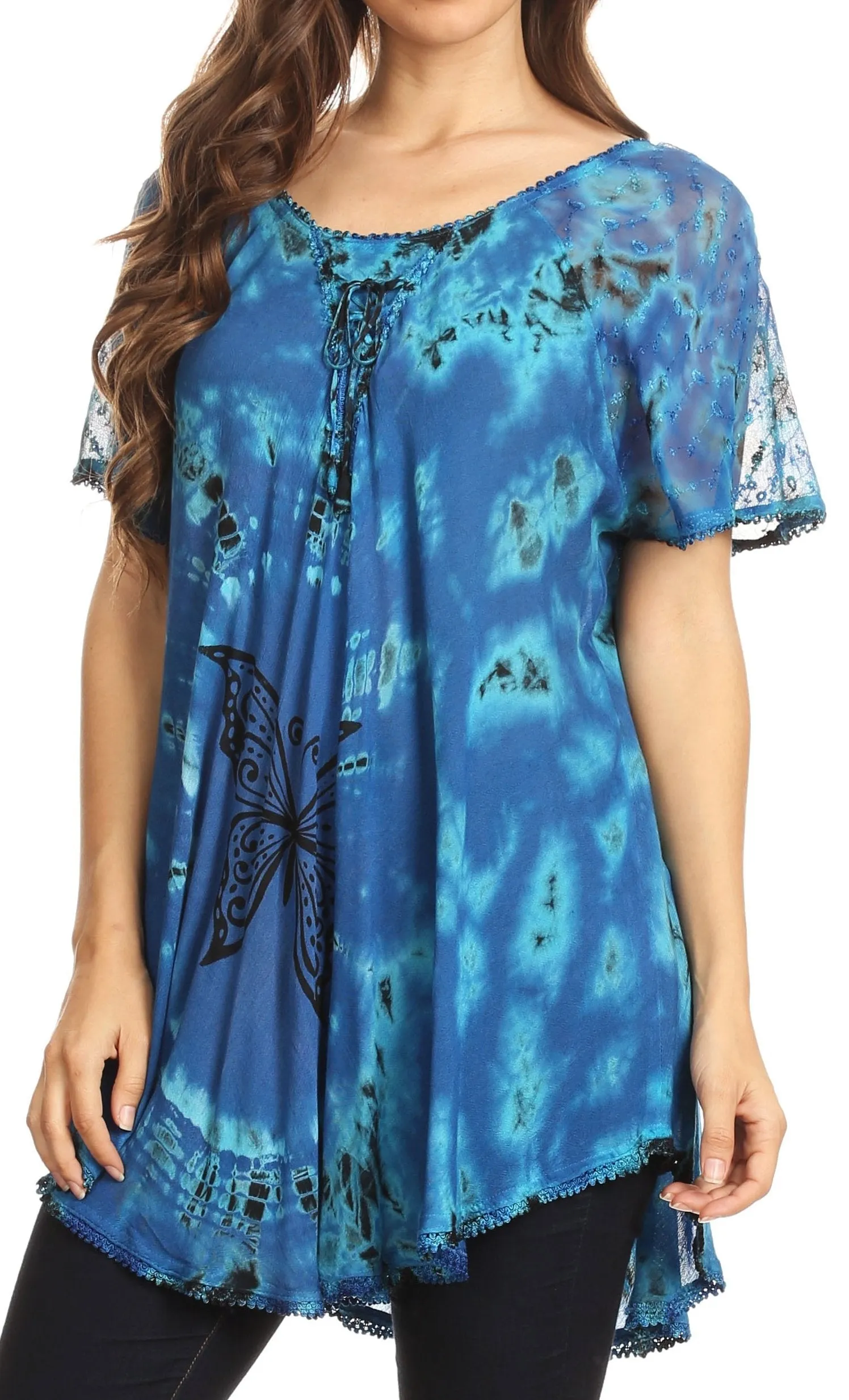 Sakkas Mayar Womens Tie-dye Short Sleeve Everyday Top Blouse with Lace & Corset