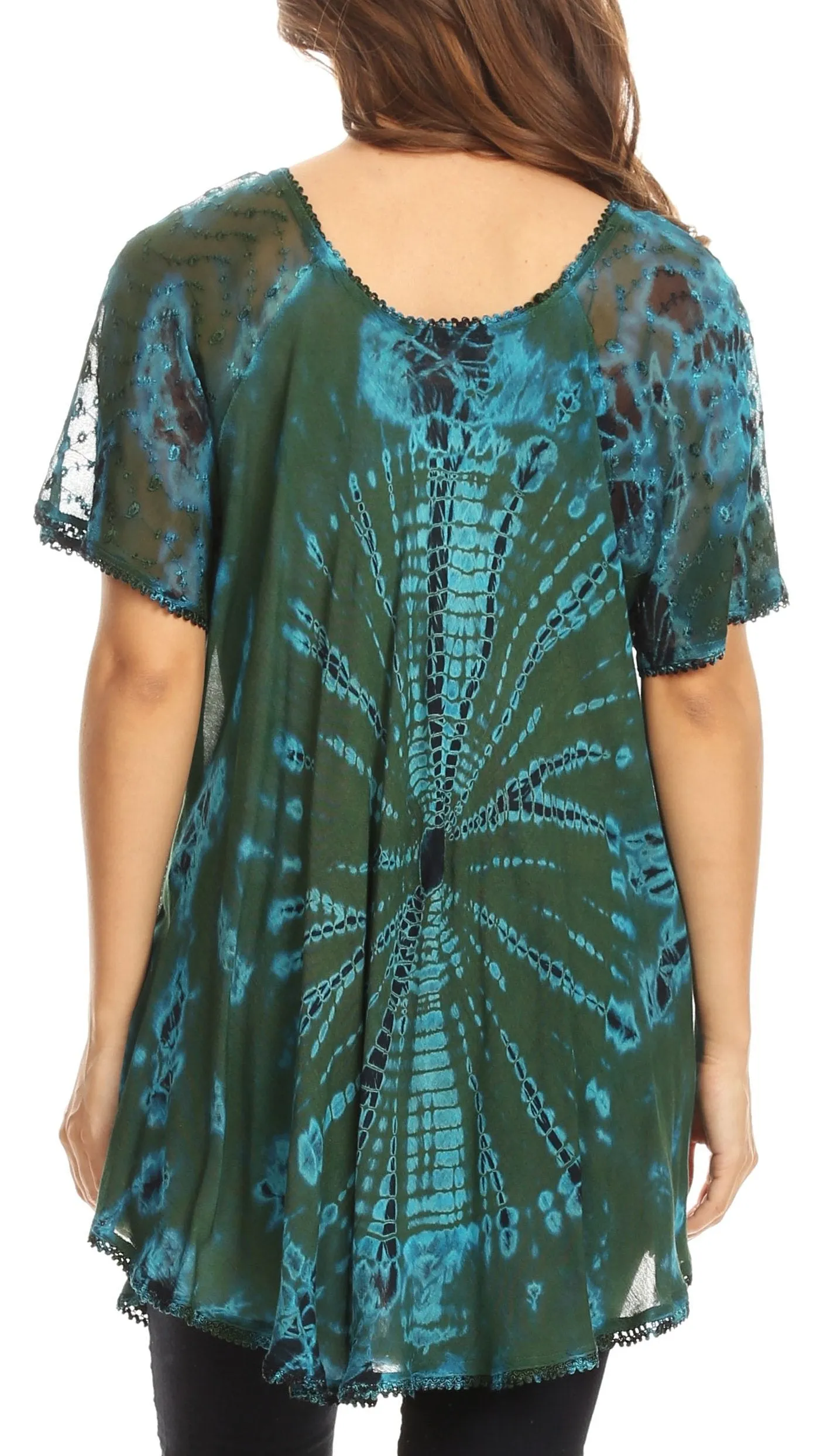 Sakkas Mayar Womens Tie-dye Short Sleeve Everyday Top Blouse with Lace & Corset