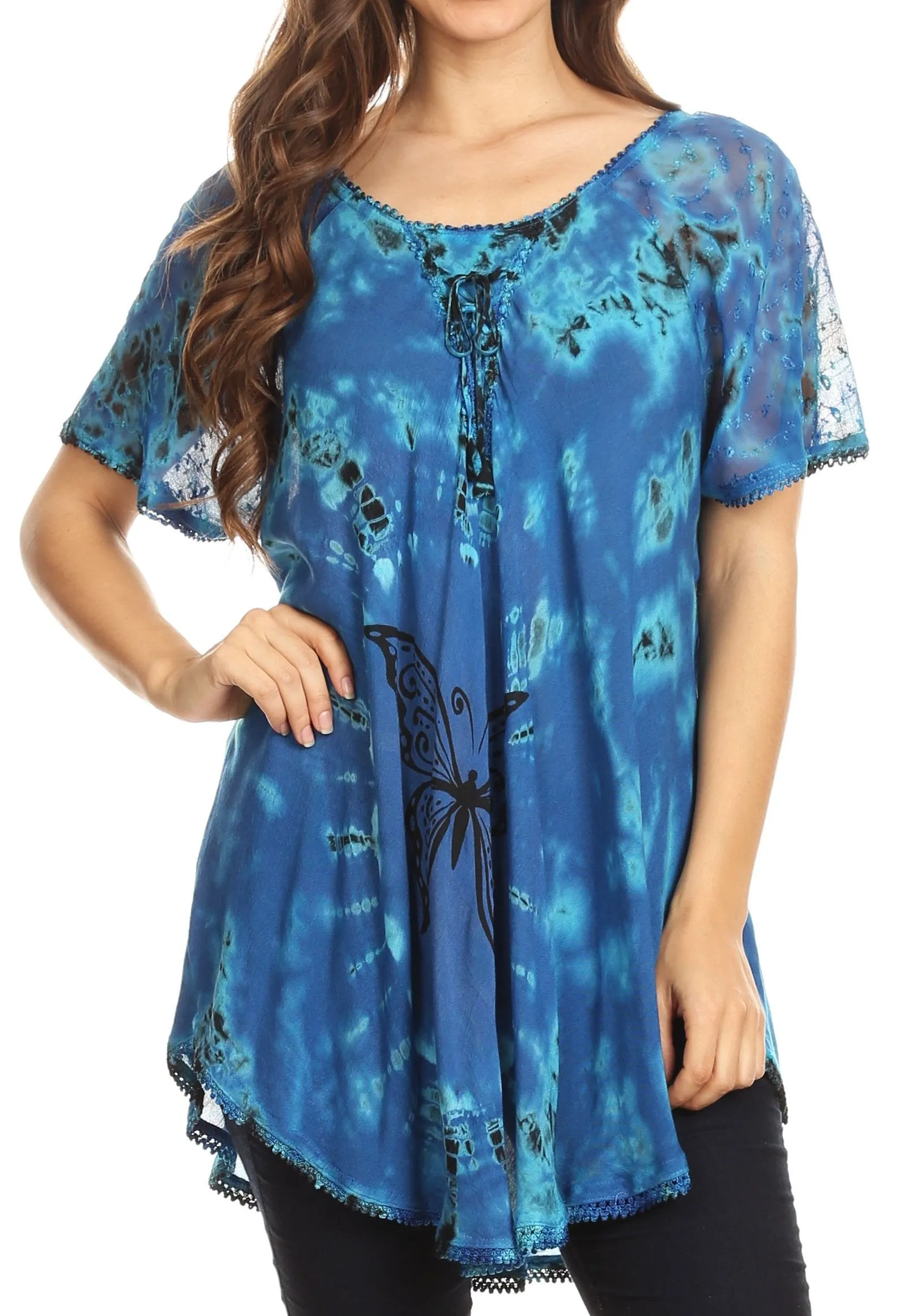 Sakkas Mayar Womens Tie-dye Short Sleeve Everyday Top Blouse with Lace & Corset