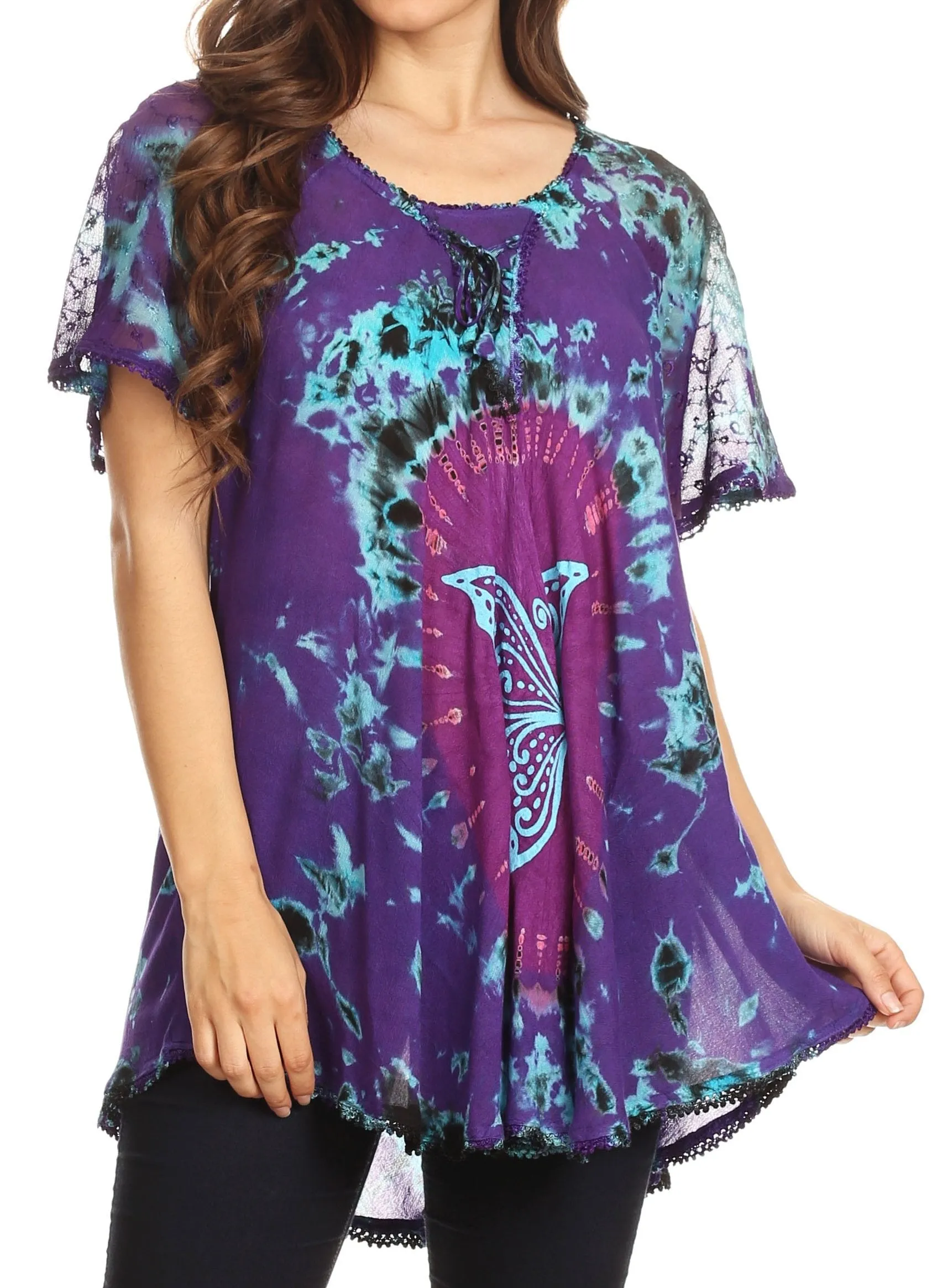 Sakkas Mayar Womens Tie-dye Short Sleeve Everyday Top Blouse with Lace & Corset