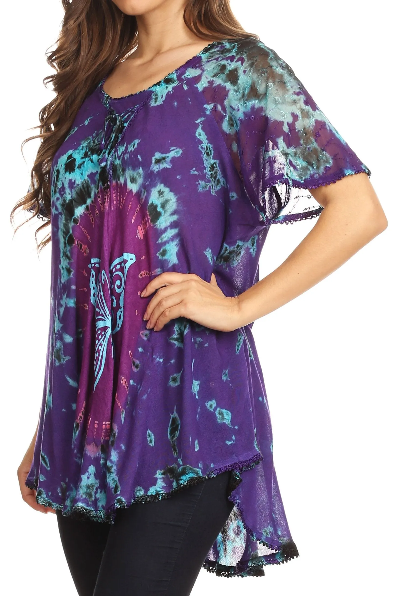 Sakkas Mayar Womens Tie-dye Short Sleeve Everyday Top Blouse with Lace & Corset