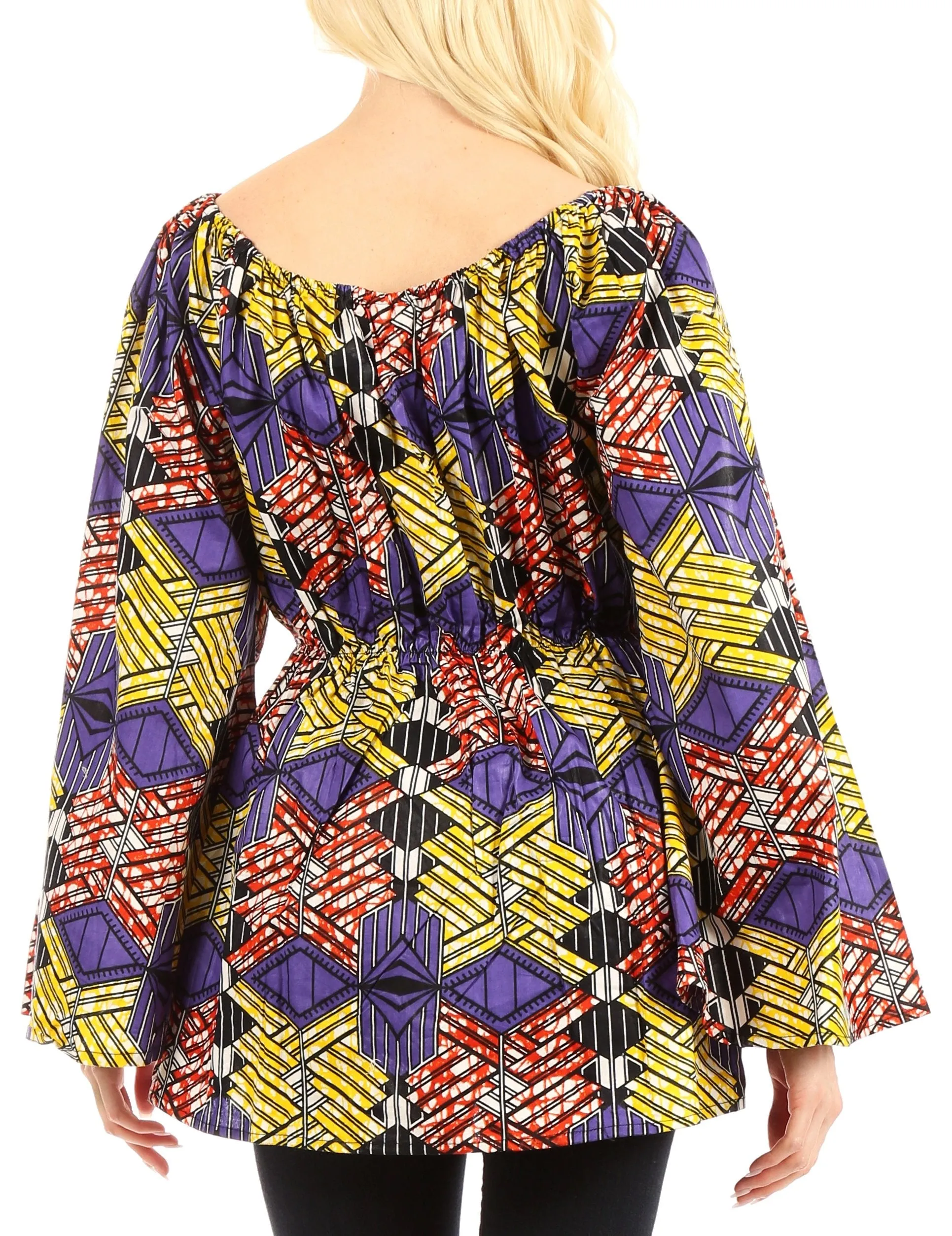 Sakkas Mela Women's Long Sleeve Peplum Off Shoulder Blouse Top in African Ankara