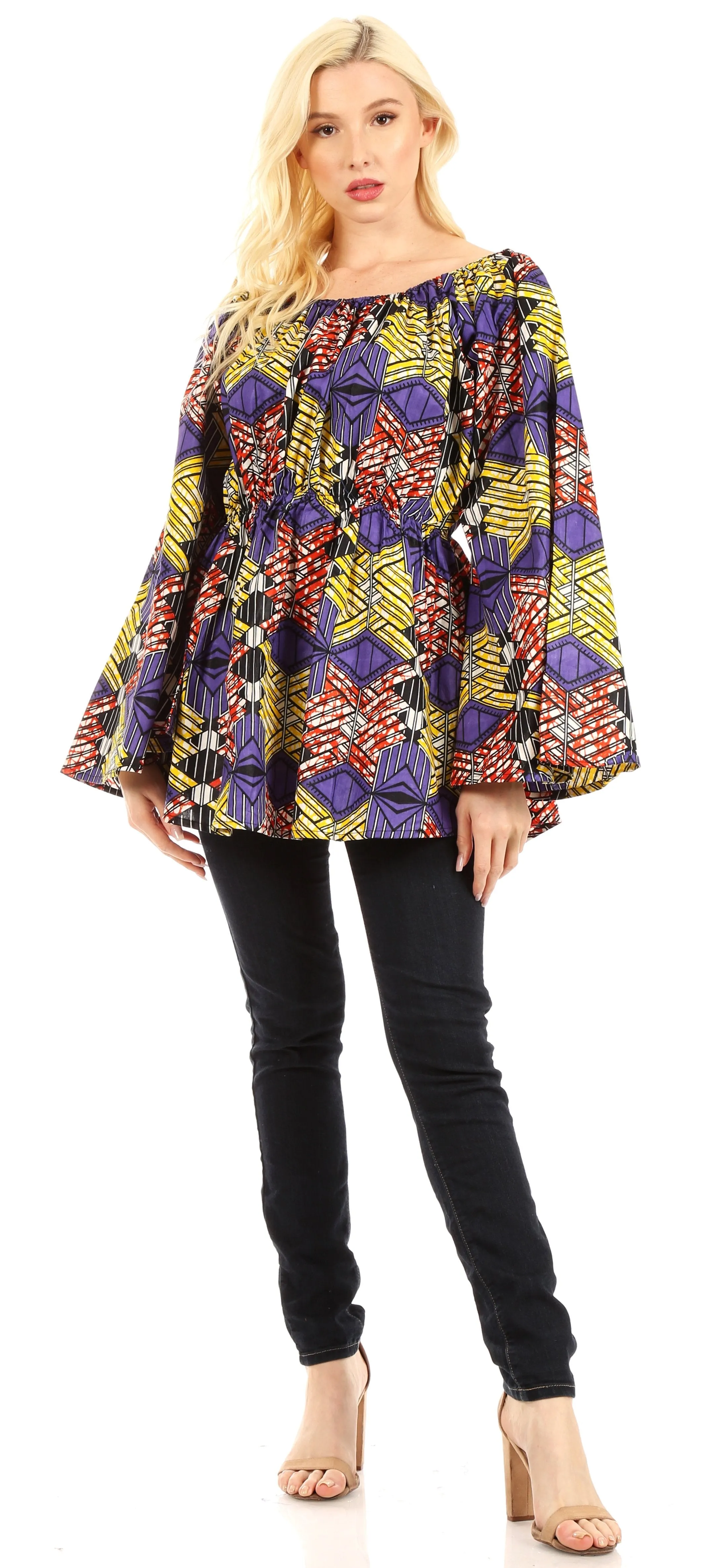 Sakkas Mela Women's Long Sleeve Peplum Off Shoulder Blouse Top in African Ankara