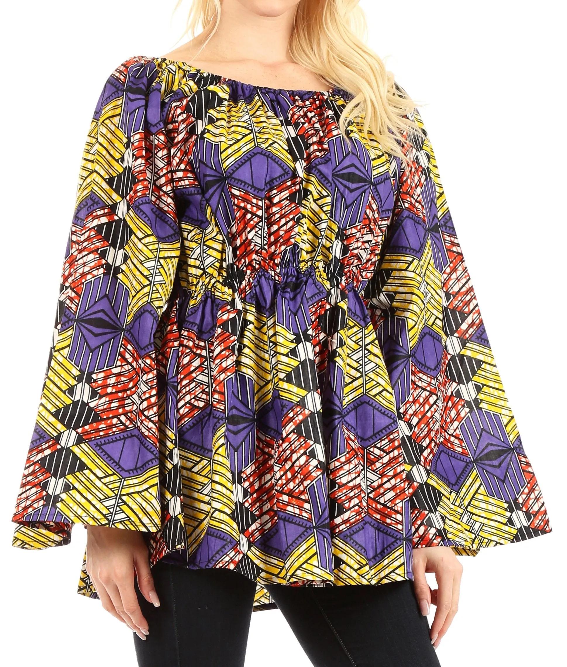 Sakkas Mela Women's Long Sleeve Peplum Off Shoulder Blouse Top in African Ankara