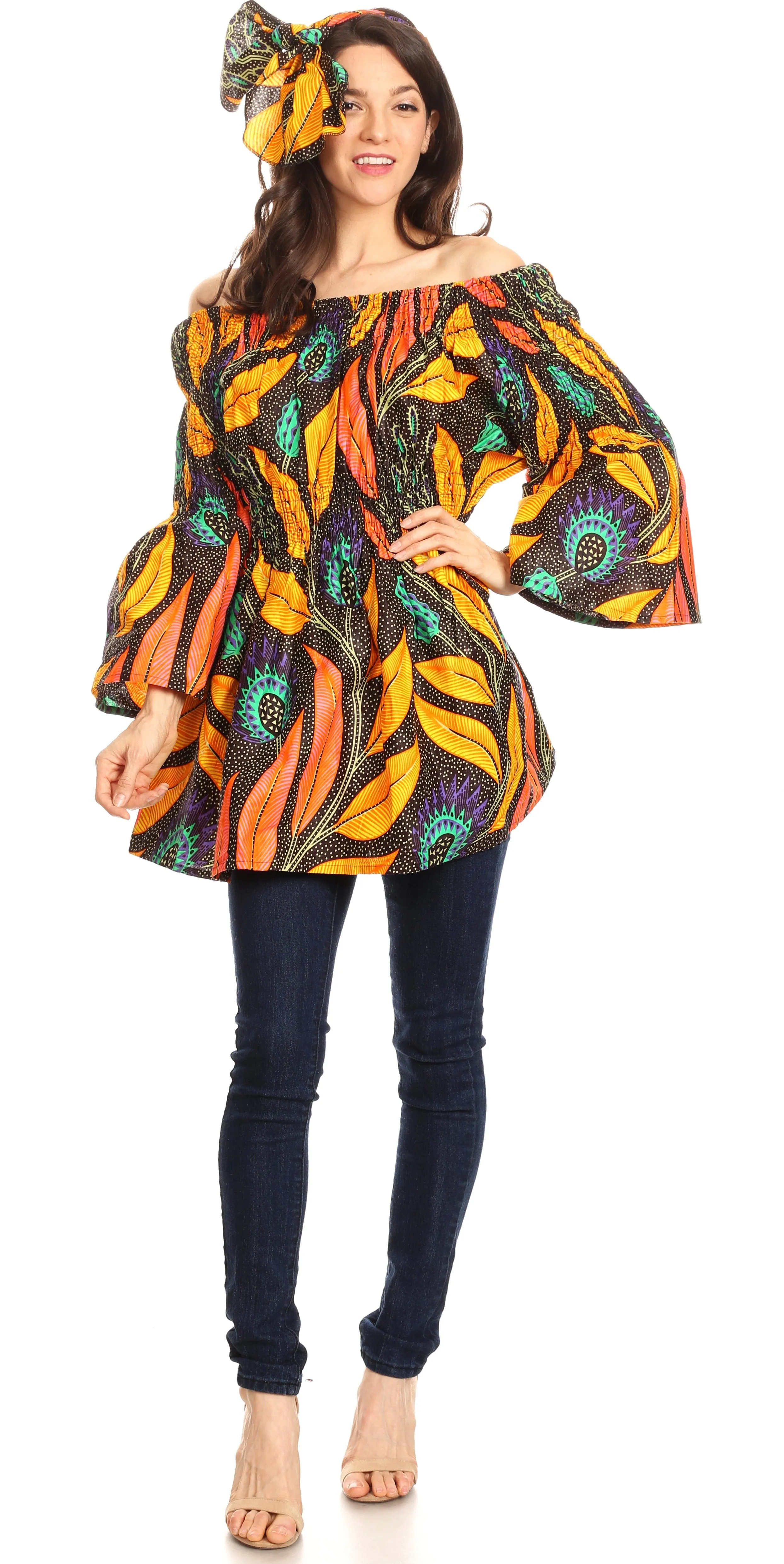 Sakkas Mela Women's Long Sleeve Peplum Off Shoulder Blouse Top in African Ankara