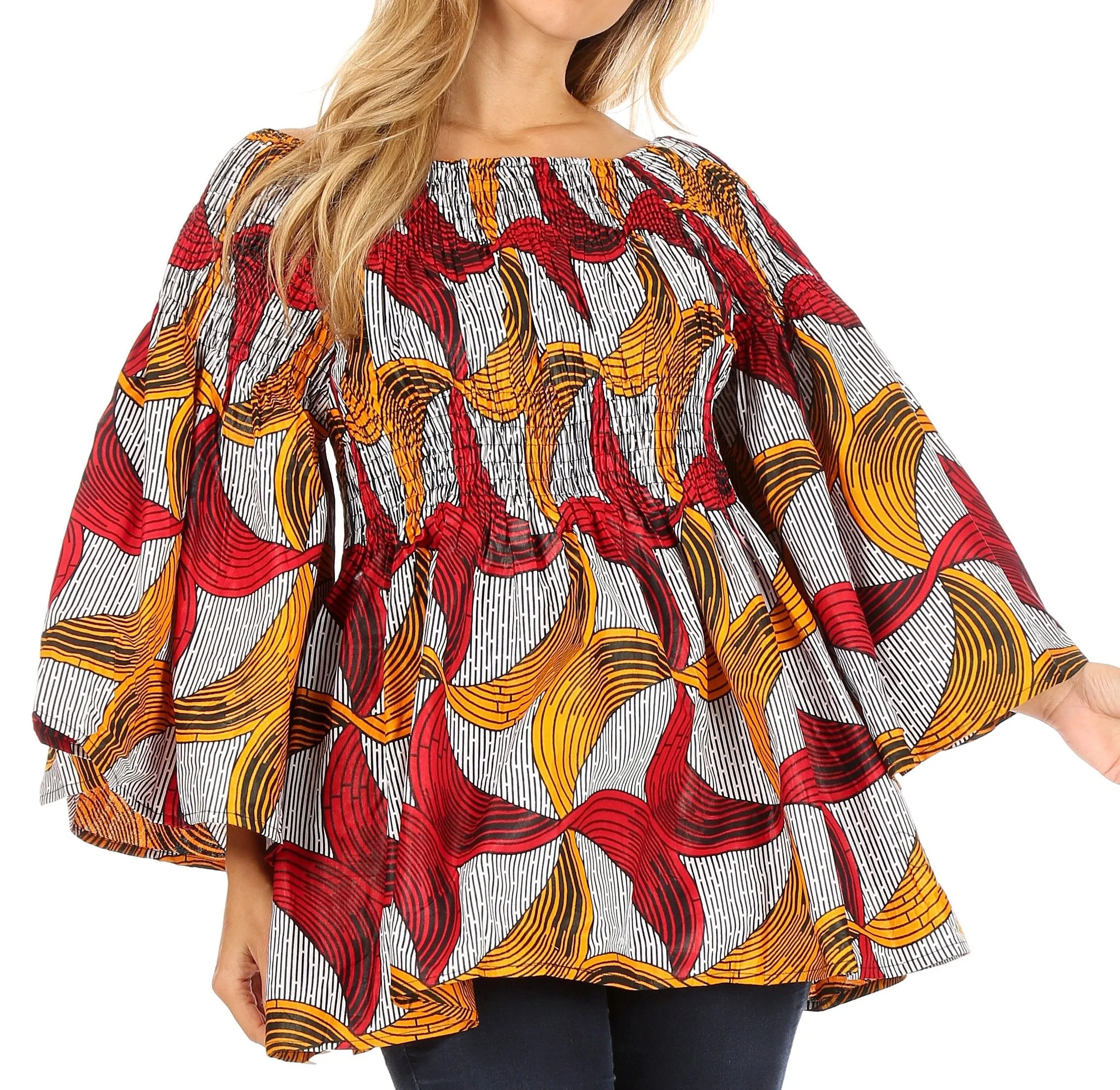 Sakkas Mela Women's Long Sleeve Peplum Off Shoulder Blouse Top in African Ankara