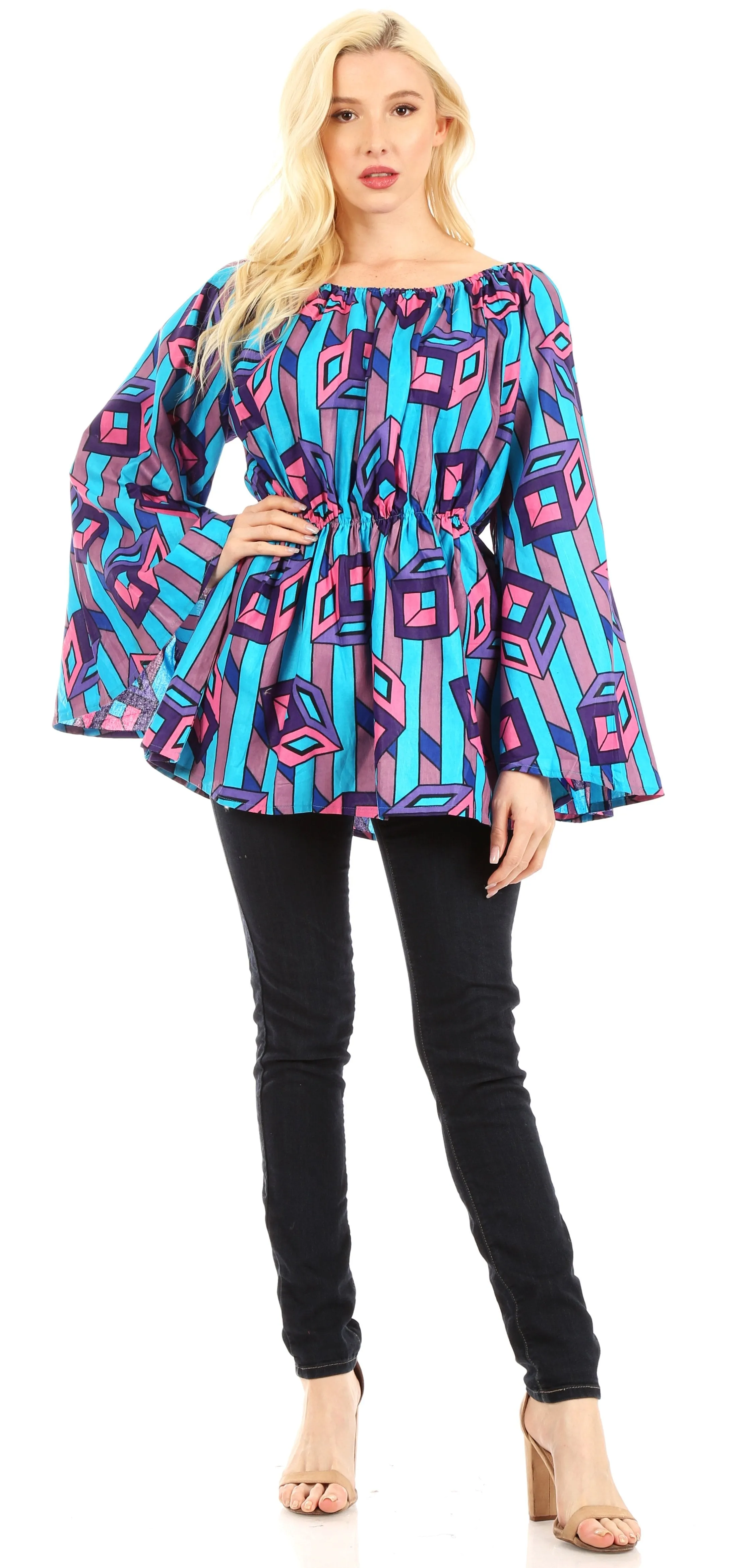 Sakkas Mela Women's Long Sleeve Peplum Off Shoulder Blouse Top in African Ankara