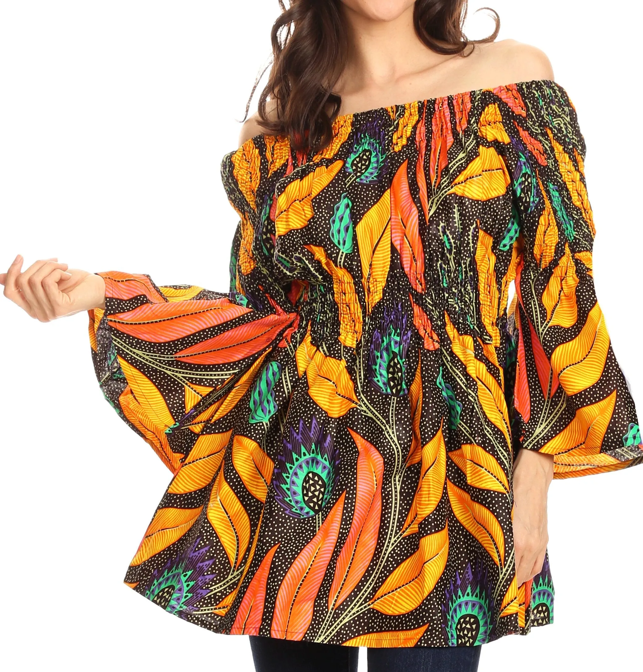 Sakkas Mela Women's Long Sleeve Peplum Off Shoulder Blouse Top in African Ankara