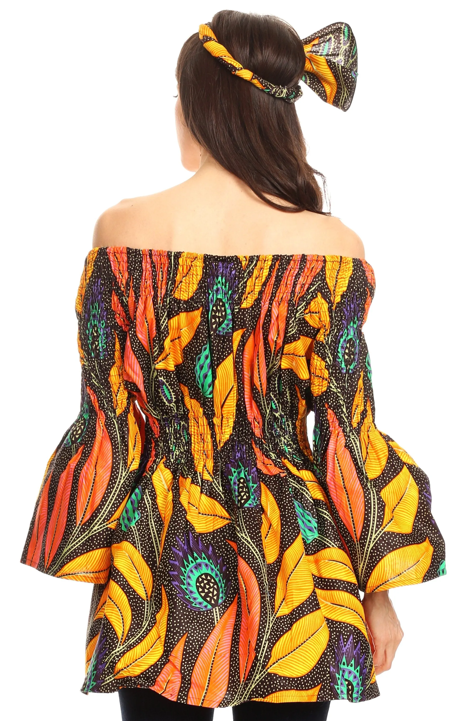 Sakkas Mela Women's Long Sleeve Peplum Off Shoulder Blouse Top in African Ankara