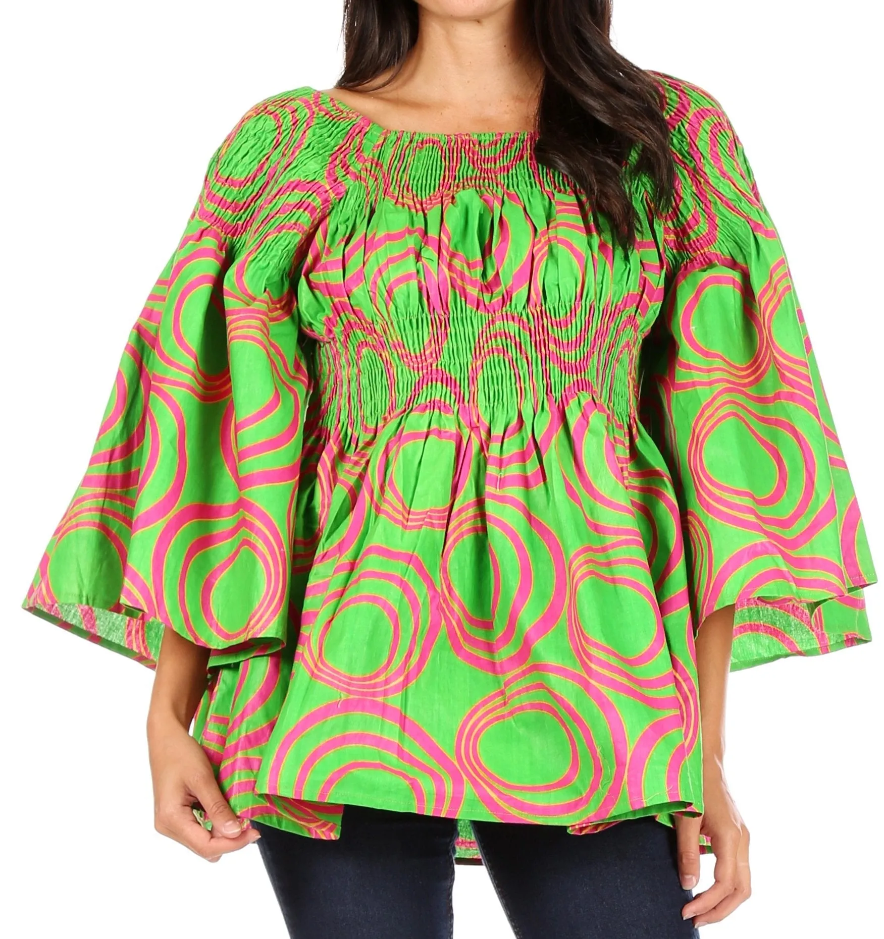 Sakkas Mela Women's Long Sleeve Peplum Off Shoulder Blouse Top in African Ankara