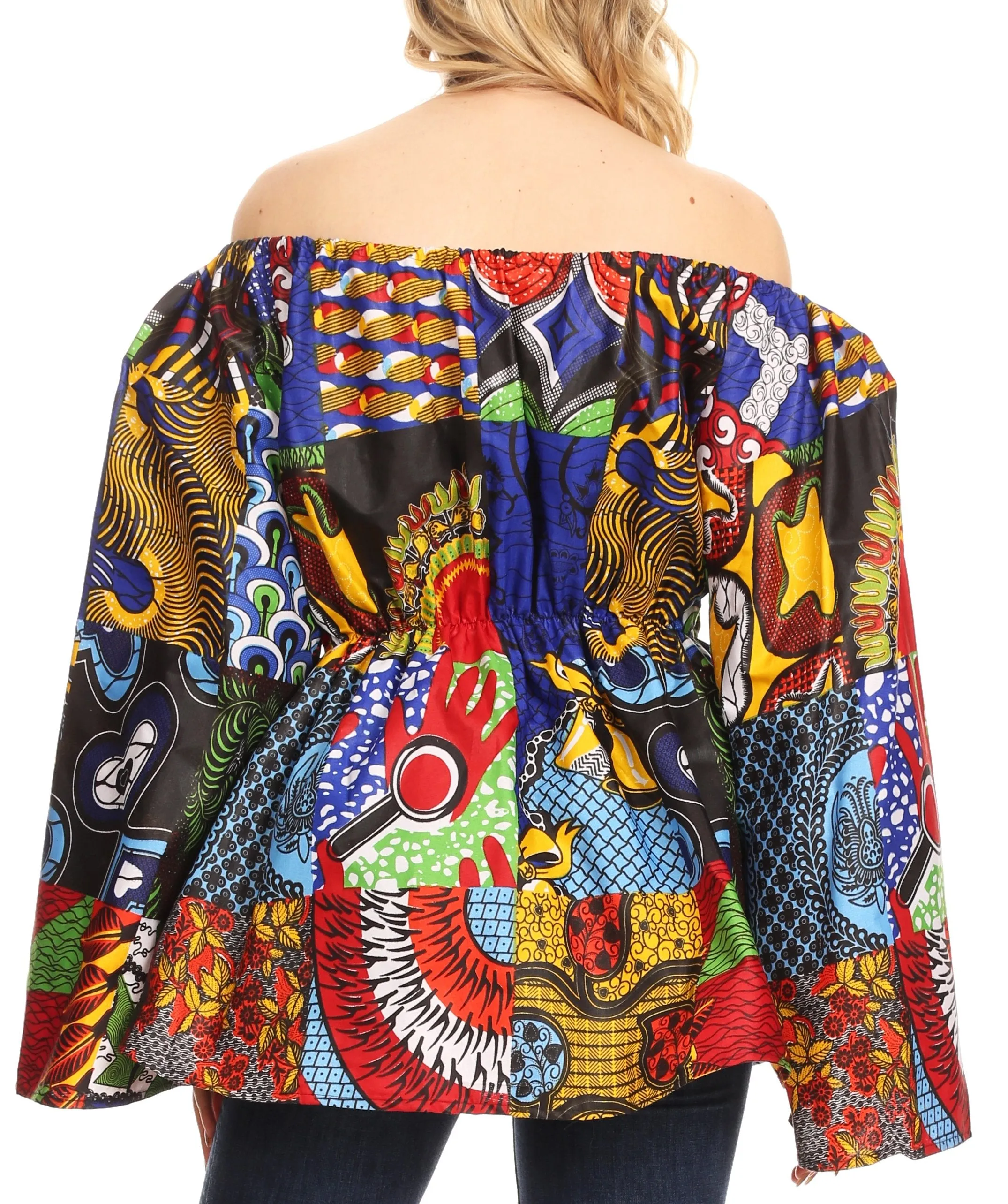 Sakkas Mela Women's Long Sleeve Peplum Off Shoulder Blouse Top in African Ankara