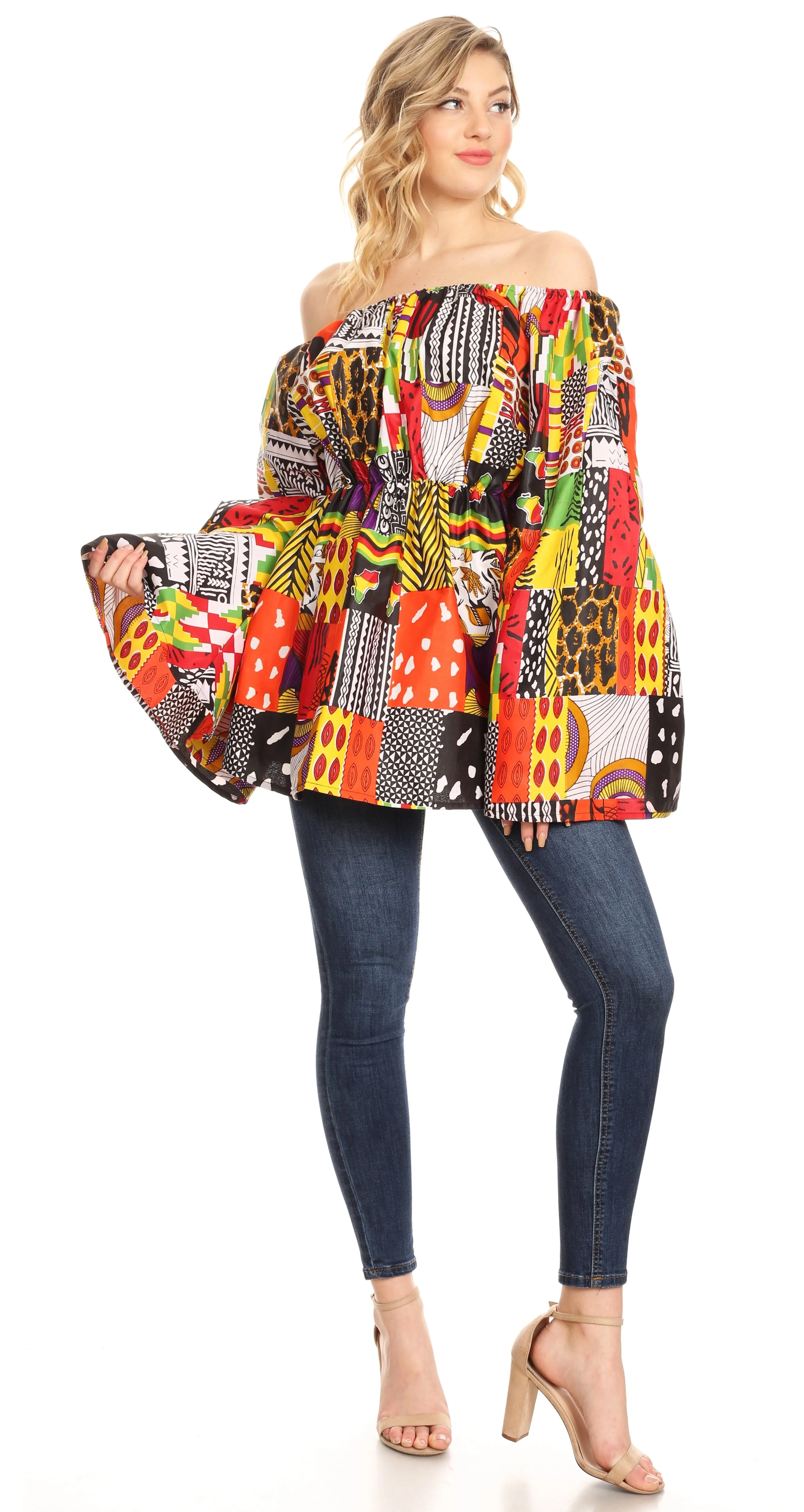 Sakkas Mela Women's Long Sleeve Peplum Off Shoulder Blouse Top in African Ankara