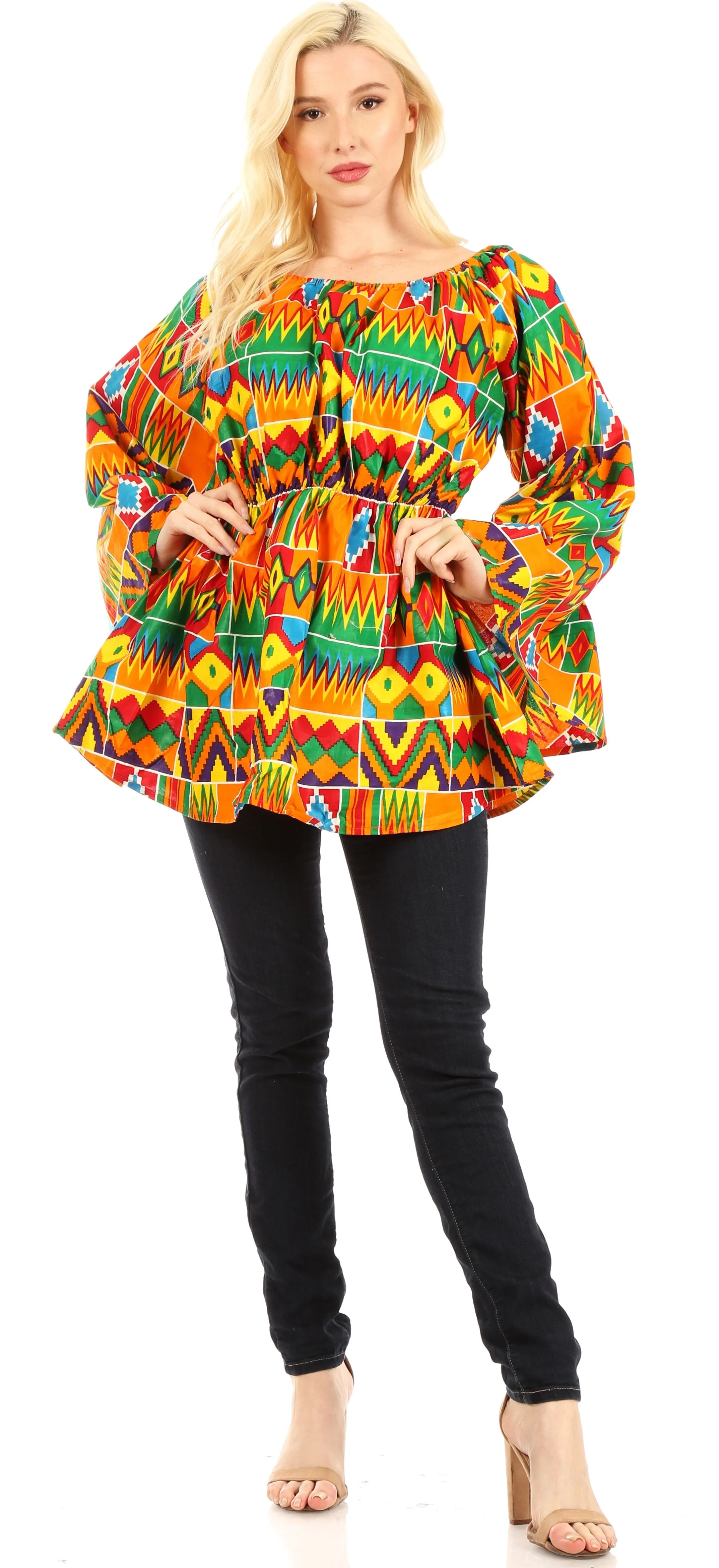 Sakkas Mela Women's Long Sleeve Peplum Off Shoulder Blouse Top in African Ankara