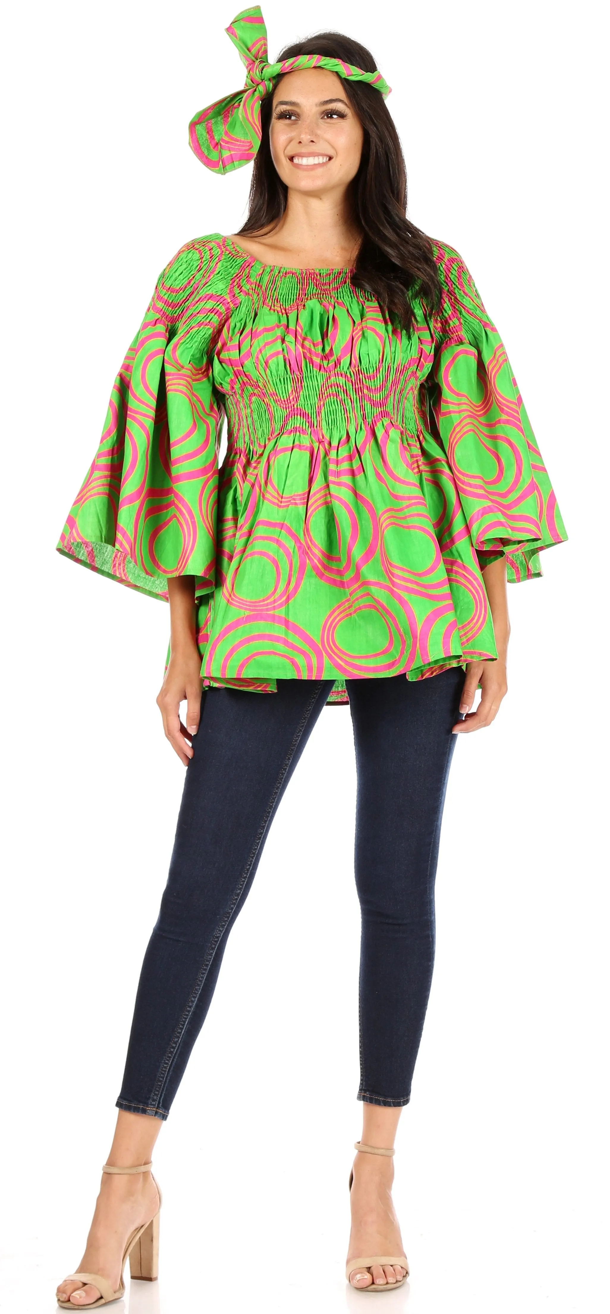 Sakkas Mela Women's Long Sleeve Peplum Off Shoulder Blouse Top in African Ankara