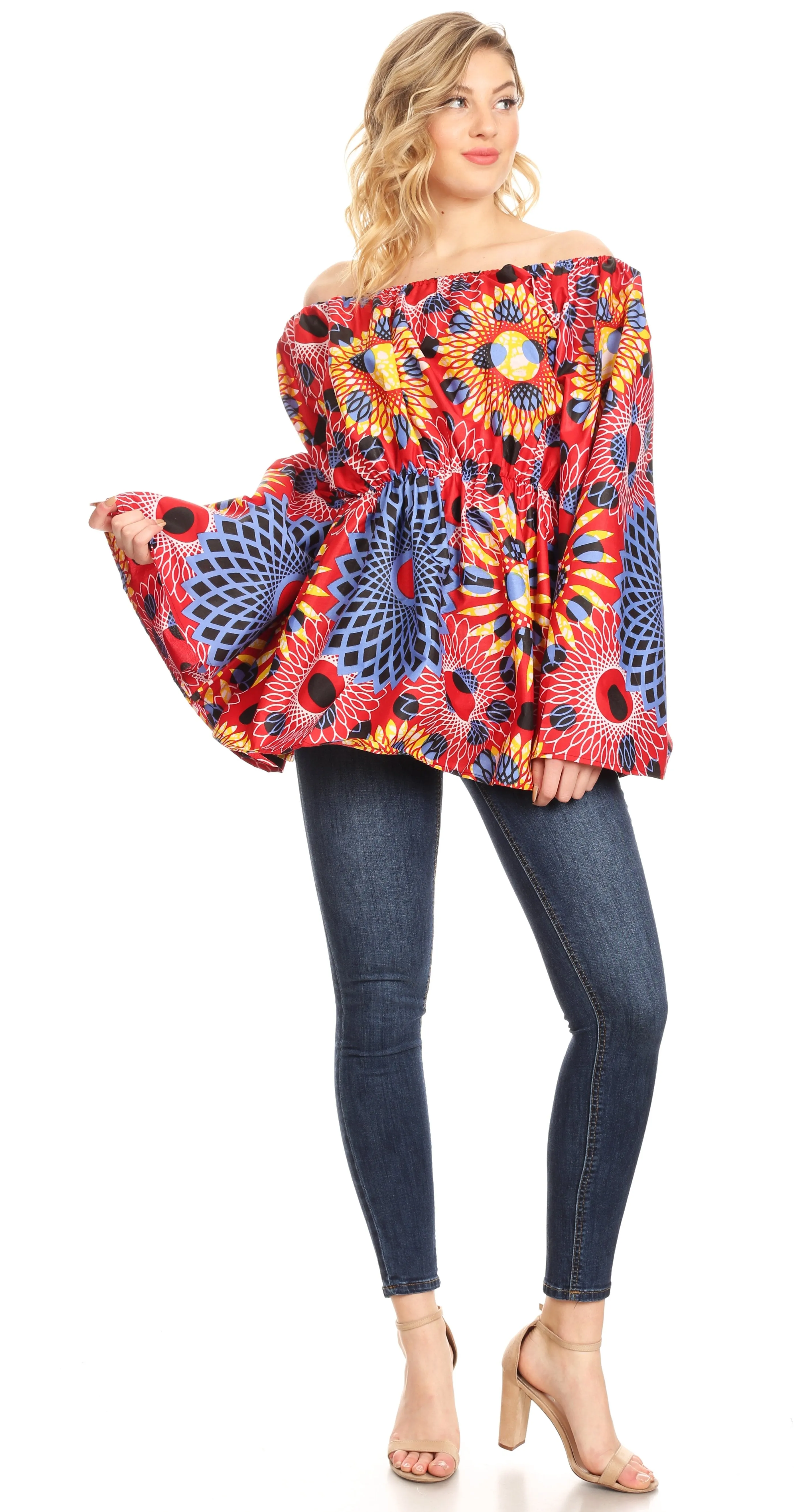 Sakkas Mela Women's Long Sleeve Peplum Off Shoulder Blouse Top in African Ankara