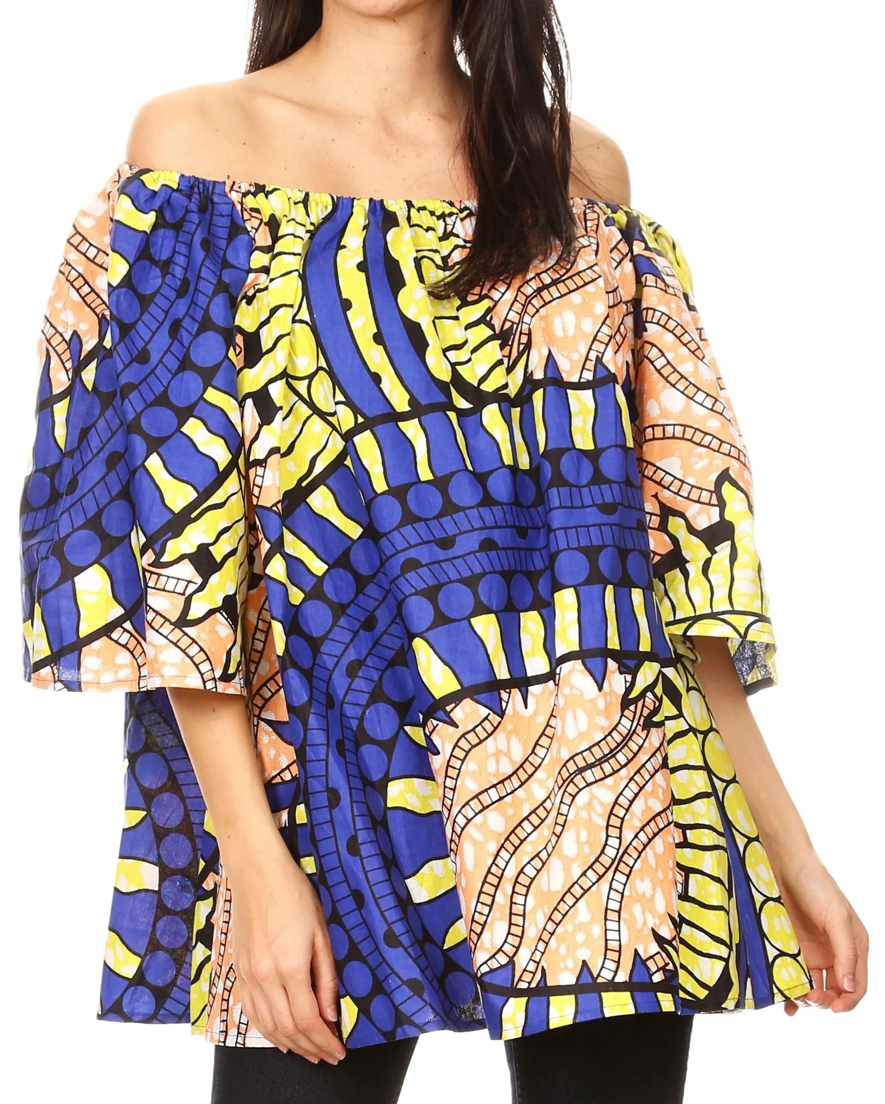 Sakkas Soledad Women's Off Shoulder Short Sleeve Loose Top Blouse African Print