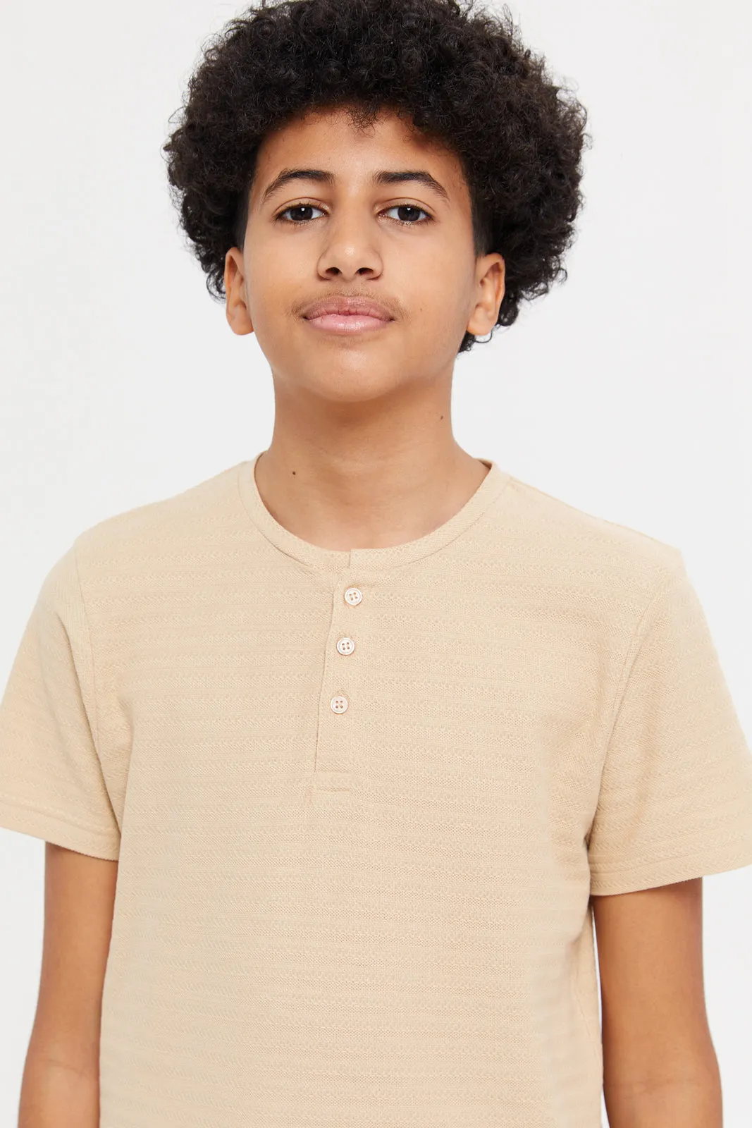 Senior Boys Beige Jacquard Henley T-Shirt