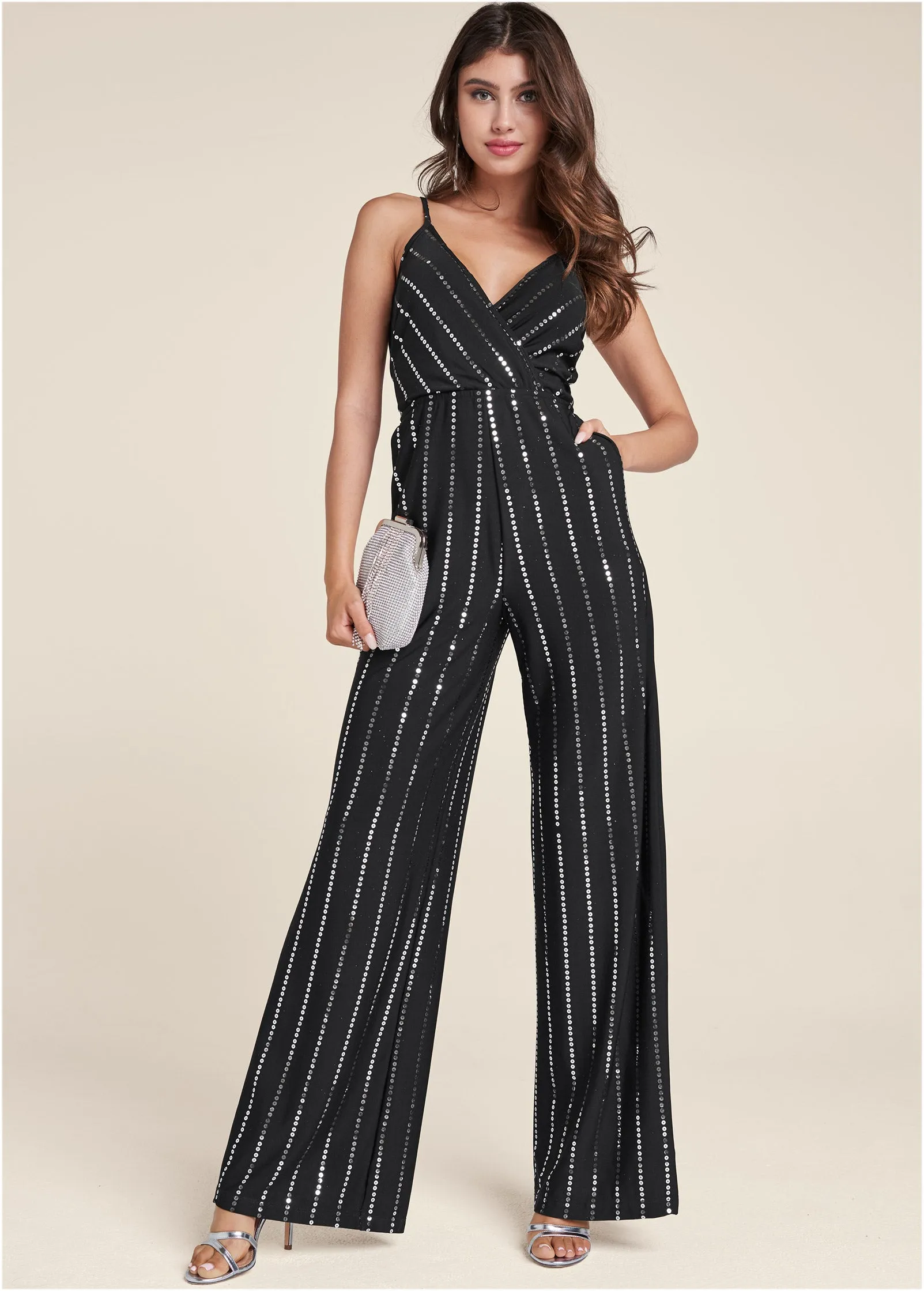 Sequin Pinstripe Jumpsuit - Black