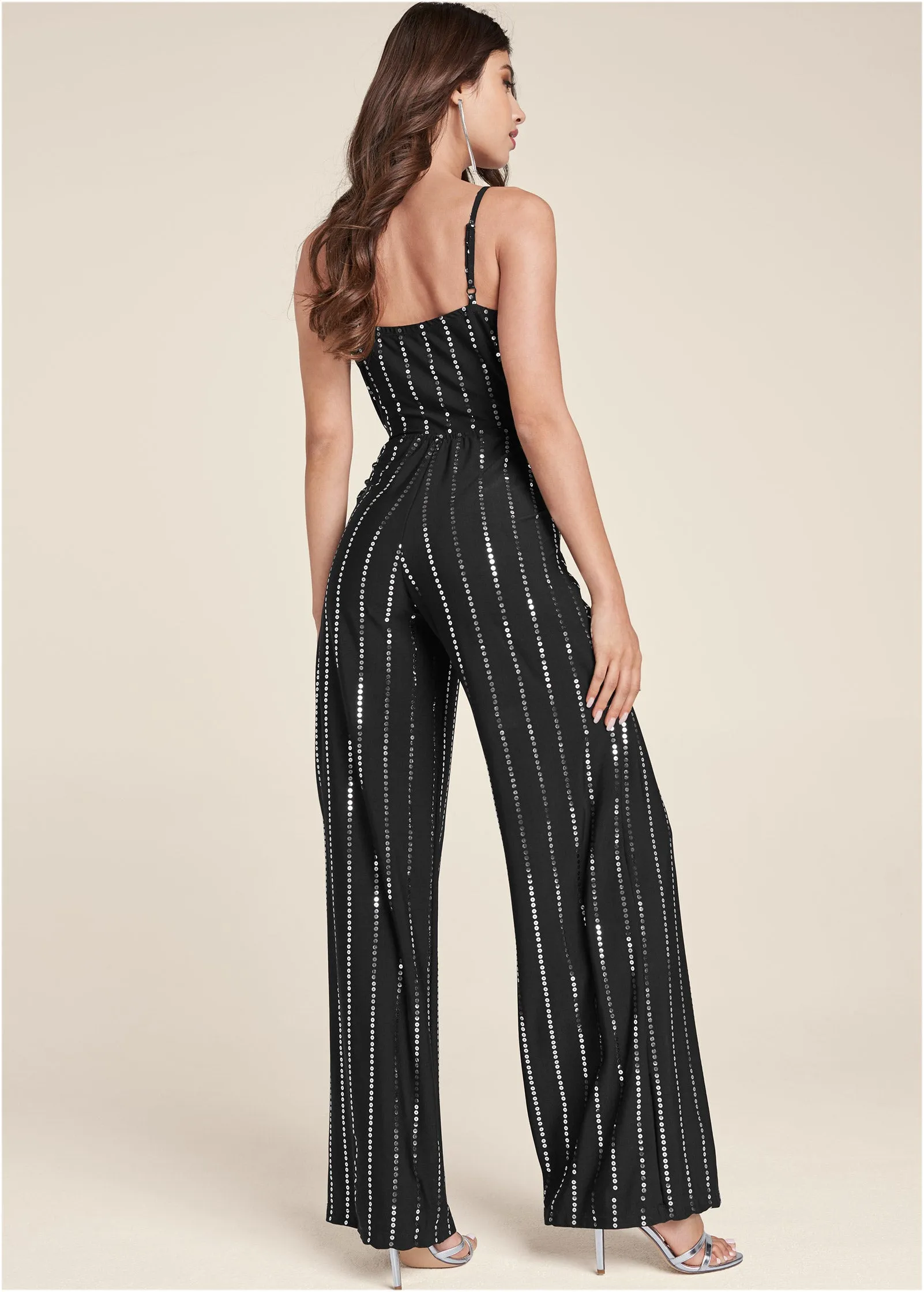 Sequin Pinstripe Jumpsuit - Black